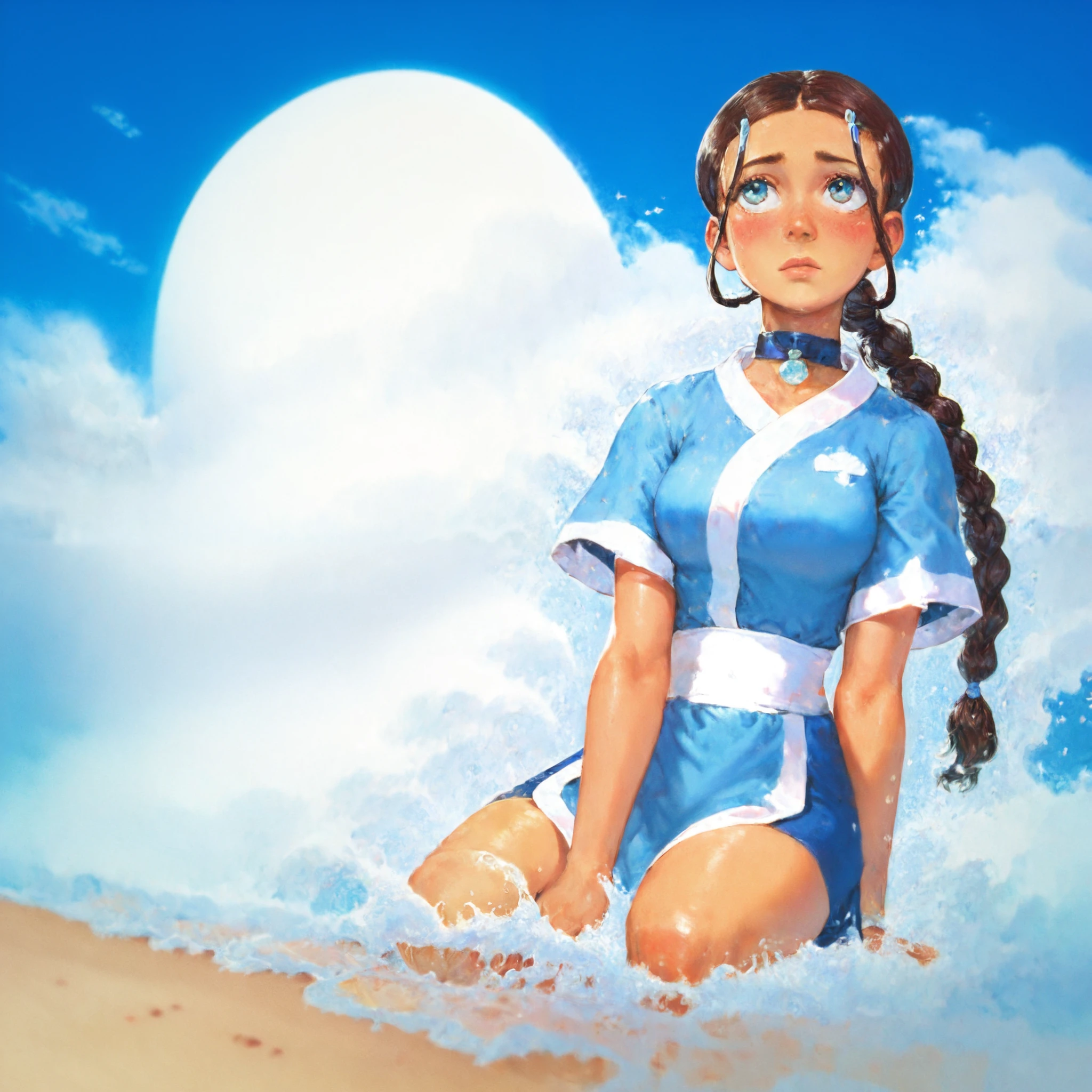 score_9, score_8_up, score_7_up, BREAK A detailed illustration of Katara from Avatar: The Last Airbender sitting on the shore by the ocean, wearing her traditional Southern Water Tribe outfit. She is depicted in a natural, serene pose, kneeling on the sandy beach with waves gently crashing around her. The camera angle is from a slightly low perspective, looking up at Katara to give a sense of her connection to water and the environment around her. The background features a calm ocean with a blue sky, and the lighting is soft and natural, emphasizing the ocean waves and Katara's waterbending nature. The moon is either subtle or non-existent to maintain a realistic atmosphere, focusing on the sea and the beach. Katara’s expression is thoughtful and determined, and her hair is in braids, gently moved by the ocean breeze. The water around her forms gentle curves and splashes that suggest the flow of waterbending 1girl, solo, Katara, dark hair, blue robes, choker, dark skin, blue eyes, 