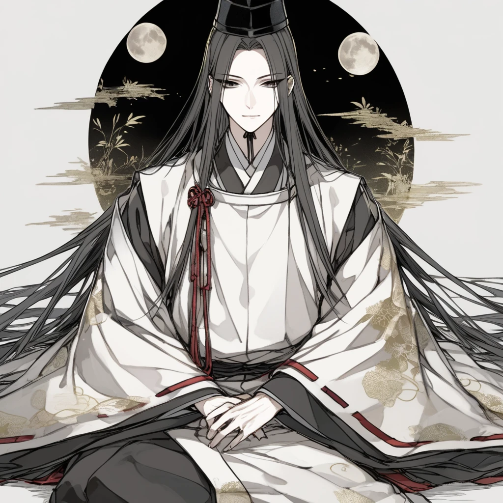 1boy, male, beautiful face. cute face.  long hair. black eyes. japanese cloth.
suikan. eboshi. ebosi, tate ebosi, heian. sitting. moon.
trimmed ribbon sleeve.
best quality. highly detailed
<lora:loha_suikan_anipen50_sdxl:0.8>