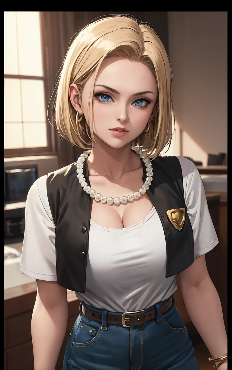 (masterpiece, best quality:1.4), insaneres, absurdres, solo, looking at viewer,BREAK 
BlackJacket_Android18_ownwaifu, android 18, 
1girl, blonde hair, blue eyes, eyelashes, forehead, short hair, jewelry, pearl necklace, earrings, bead necklace, collarbone, breasts, beads, necklace, chain, medium breasts, bangs, hoop earrings, straight hair,
black vest, blue pants, black belt, vest, short sleeves, white shirt, black gloves, denim, jeans, belt, pants, bracelet, high-waist pants, cleavage, fingerless gloves, 
(portrait, head tilt, looking at viewer), straight-on,  white border, bokeh, <lora:ANIME_DragonBall_Android18_ownwaifu:0.8>, solo,