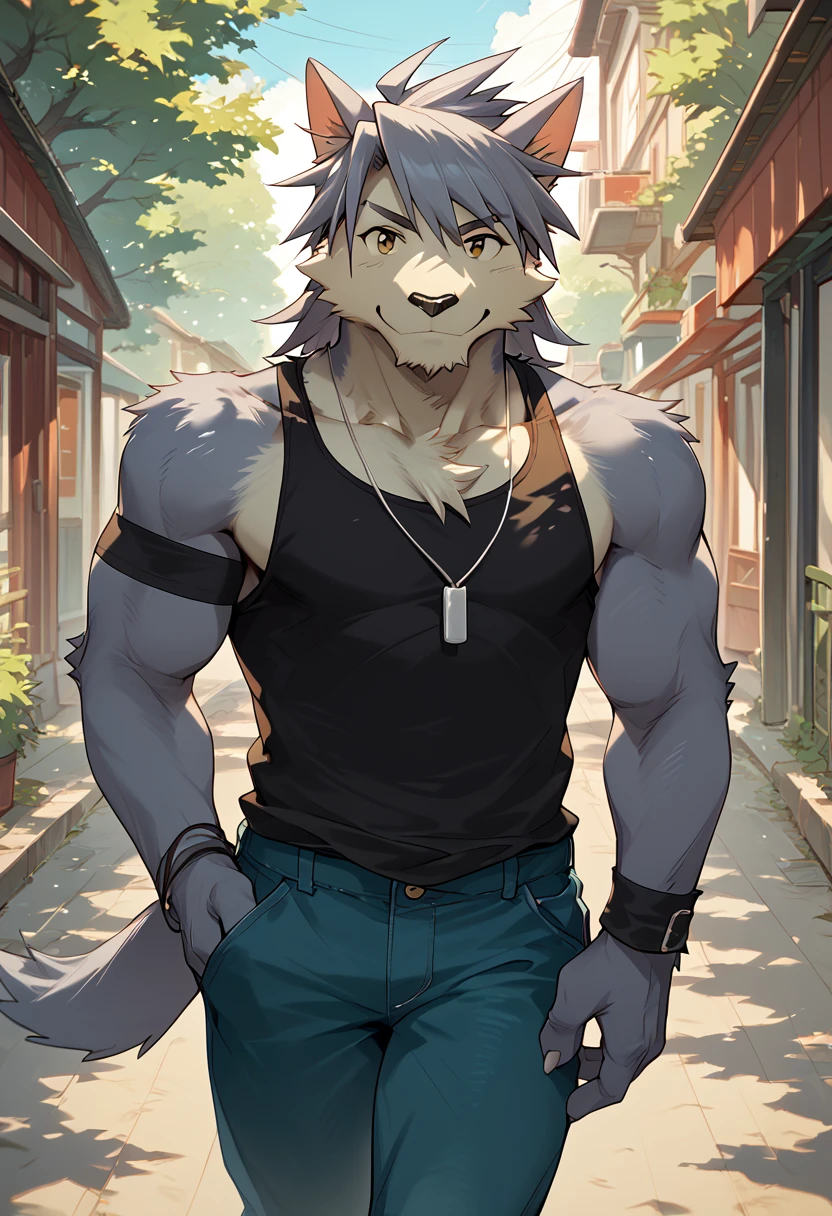 score_9, score_8_up, score_7_up, high quality, hires, 4K, solo, kouya_aotsuki, morenatsu, furry, tank top, looking at viewer, pants, <lora:Kouya_Aotsuki_Morenatsu:1>