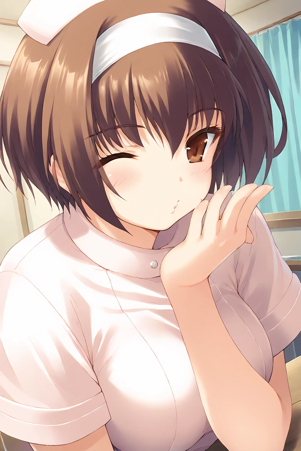 (head shot:1.2), (from above:1.2), frame in, from right in front of face and body, view straight on, upper body, High quality, very high res, High quality, very high res, cute girl, brown hair, forehead, blunt bangs, bob cut, blush, Brushed up bangs, wearing a plain t-shirt, shirt lift, medium breasts, pale pink nipples, I can see your belly button, (kneeling down pose), fellatio, pleated skirt, at office