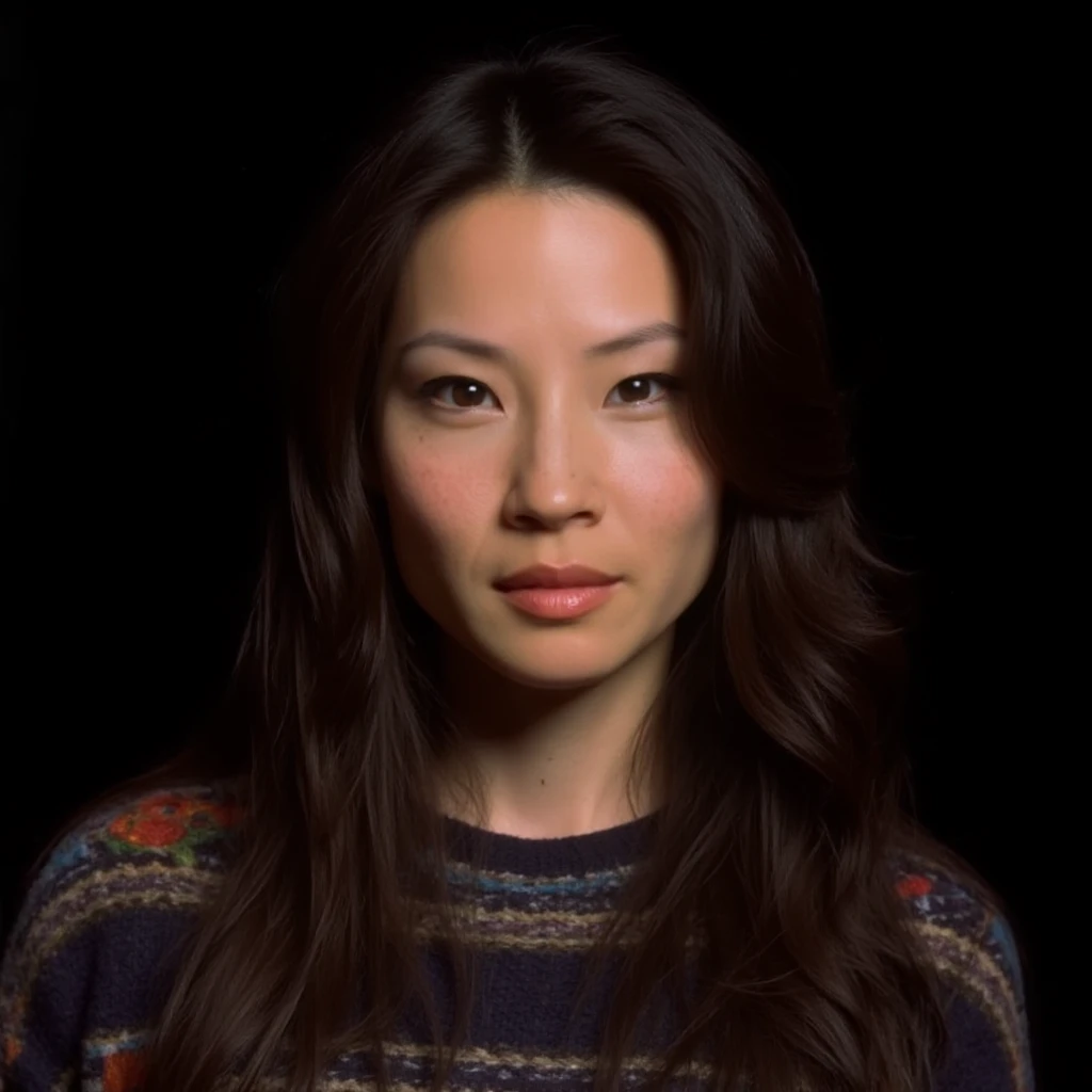 A closeup portrait photo of a woman with long wavy hair who gazing directly at the camera with a neutral expression. She is wearing a multicolored knitted sweater against a dark background. Spotlight illumination. ,   <lora:lucyliu_1990s_local_flux_1_standard-000039:1>