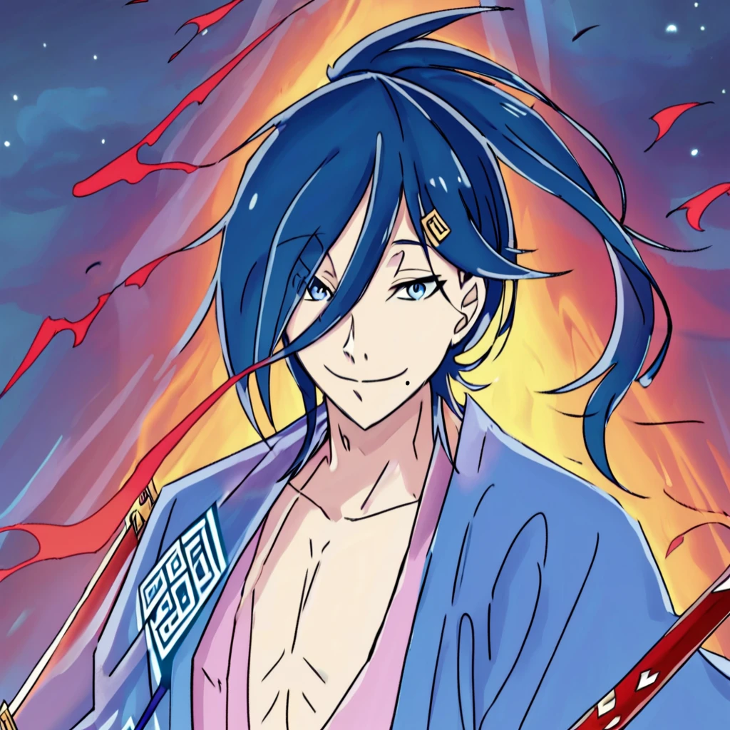 <lora:CecilusSegmunt:1>, cecilus, youthful man, blue eyes, playful and relaxed aura, long dark blue hair, messy ponytail, strands of long hair, obscured right eye, noticeable mole below mouth, subdued peach pink kimono, purple mist like pattern, bright blue haori, white diamond shaped patterns, wooden zori sandals, white sash, two blades