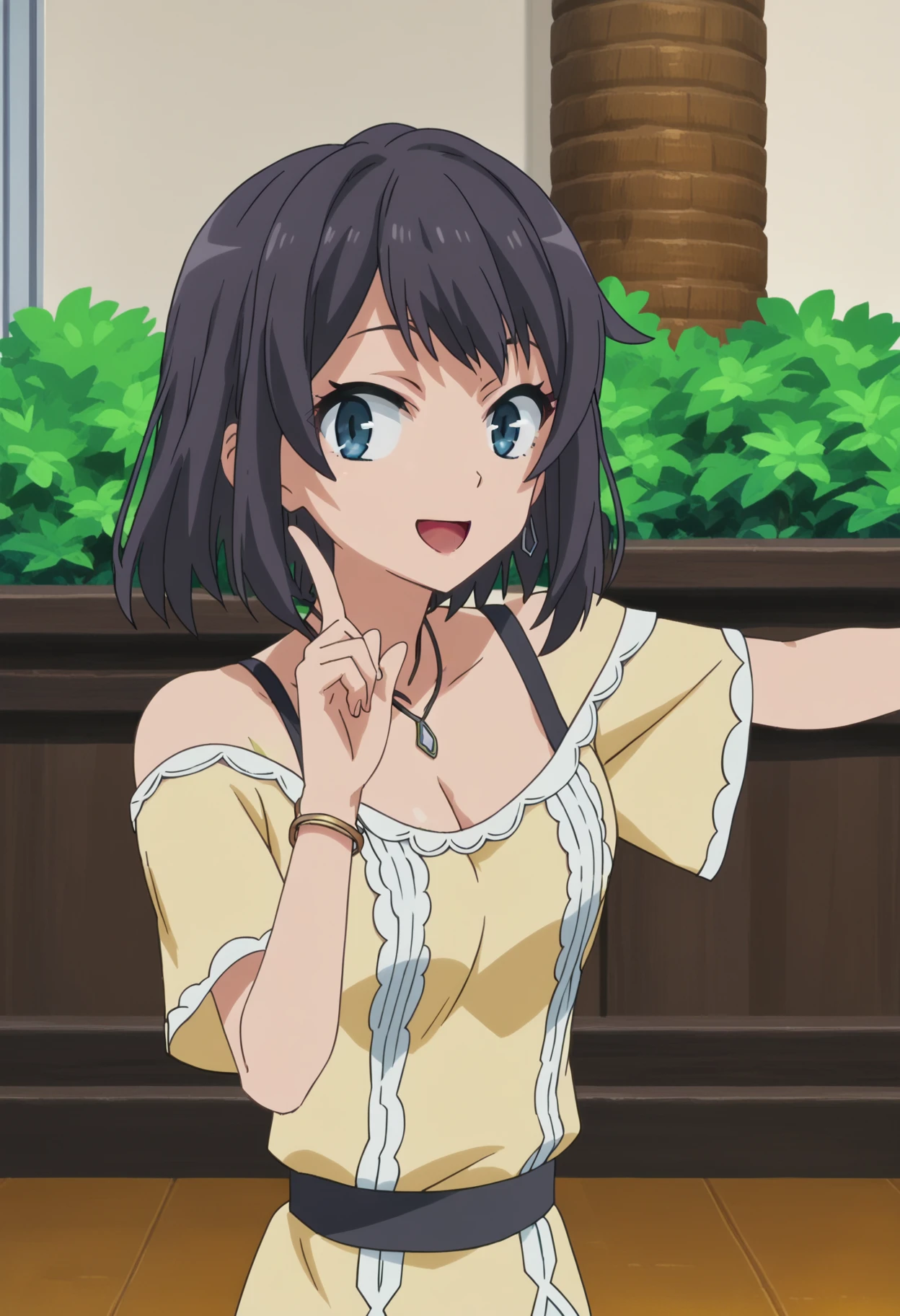 score_9, score_8_up, score_7_up, source_anime,
BREAK
1girl, solo, anime screencap, anime coloring,
<lora:shiYukSisV1:1>, harudef, short hair, black hair, blue eyes, yellow shirt, cleavage, jewelry, necklace, bracelet, off shoulder,
looking at viewer, smile, open mouth, 
doodledance, index finger raised, outstretched arms,  <lora:shiDoodleV1:1>