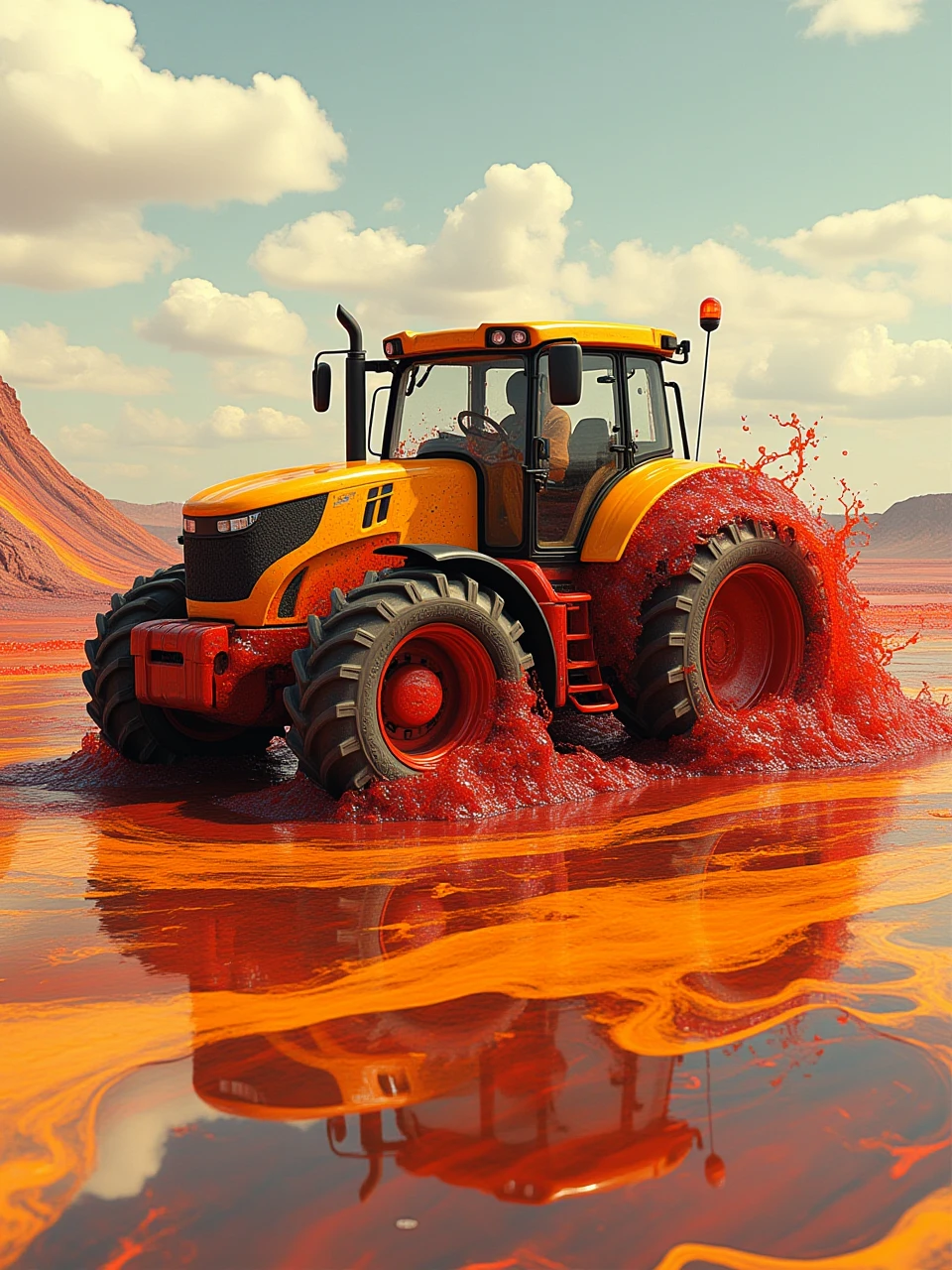 acid-g-style,a tractor,psychedelic colour of yellow and red,flow reflection,working on field,