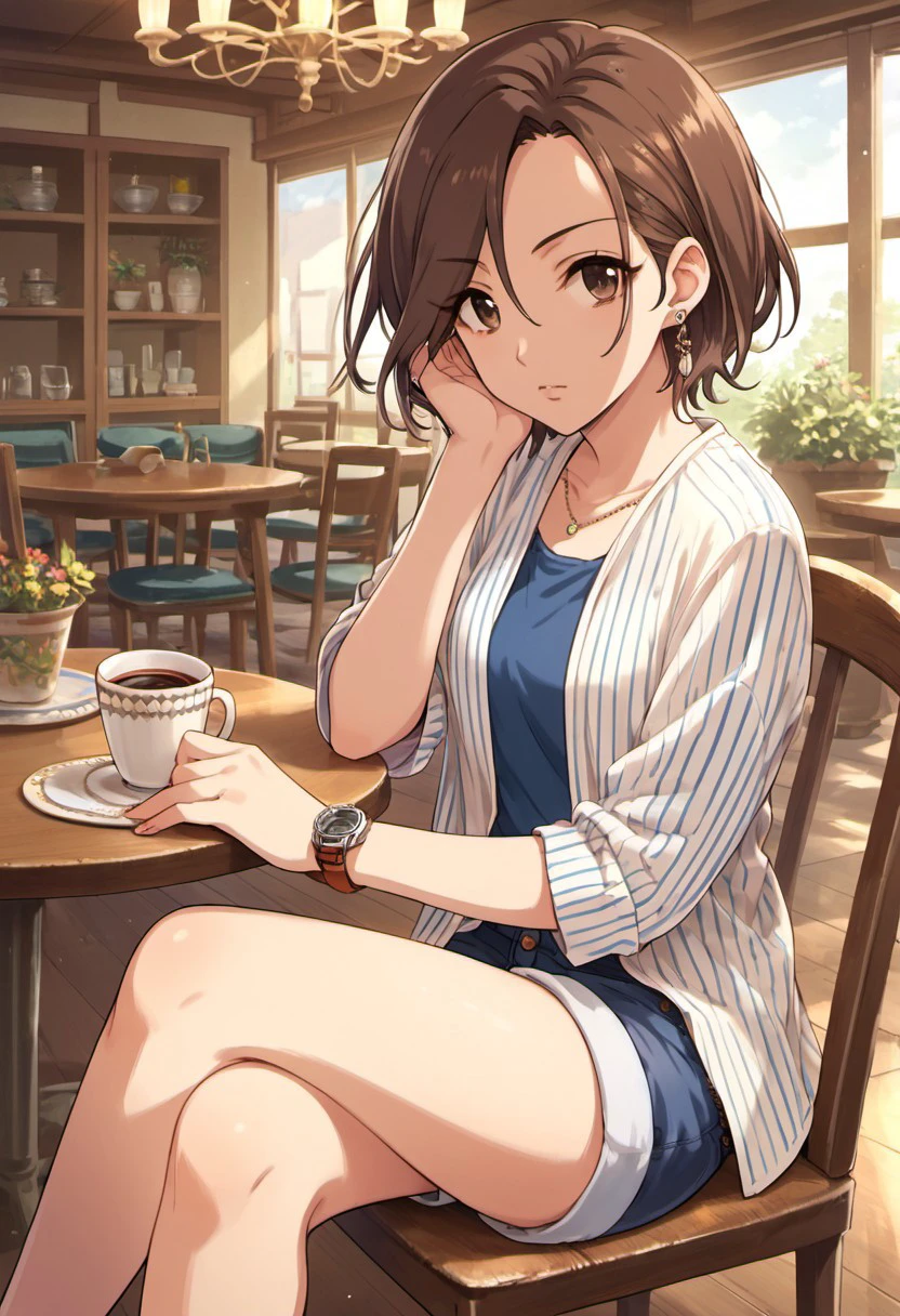 score_9, score_8_up, score_7_up, source_anime, mizuki seira, brown hair, brown eyes, short hair, 1girl, jewelry, earrings, solo, watch, shorts, chair, wristwatch, cup, table, crossed legs, striped