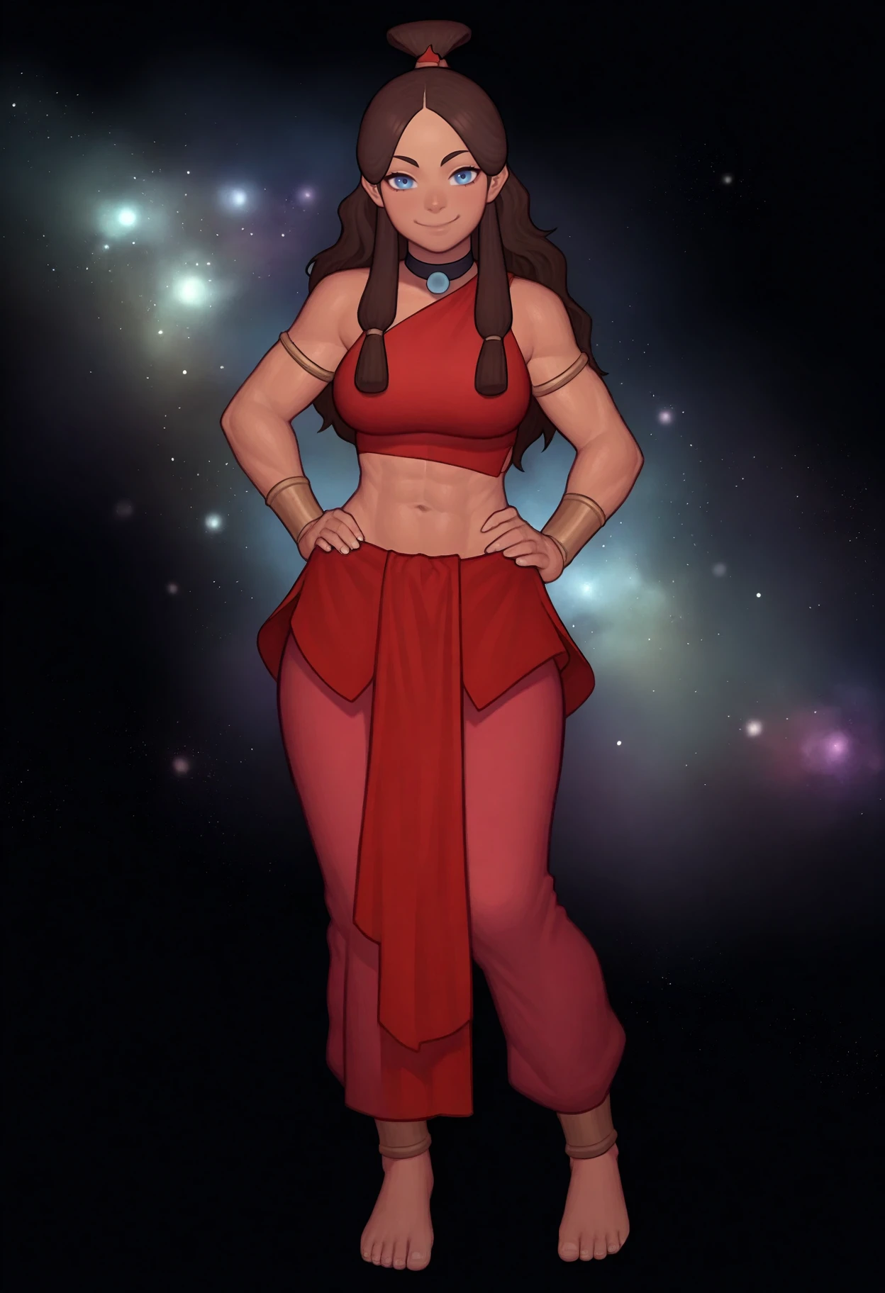 asura (asurauser),
(black background, dark, galaxy background:1.5)
masterpiece, best quality, very aesthetic, absurdres BREAK
1girl, fnkatara, brown hair, long hair, topknot, blue eyes, armlet, bare shoulders, choker, dark skin, red crop top, red skirt, barefoot, red pants,
looking at viewer, smile, solo  <lora:KataraIllustriousXL_byKonan:1>