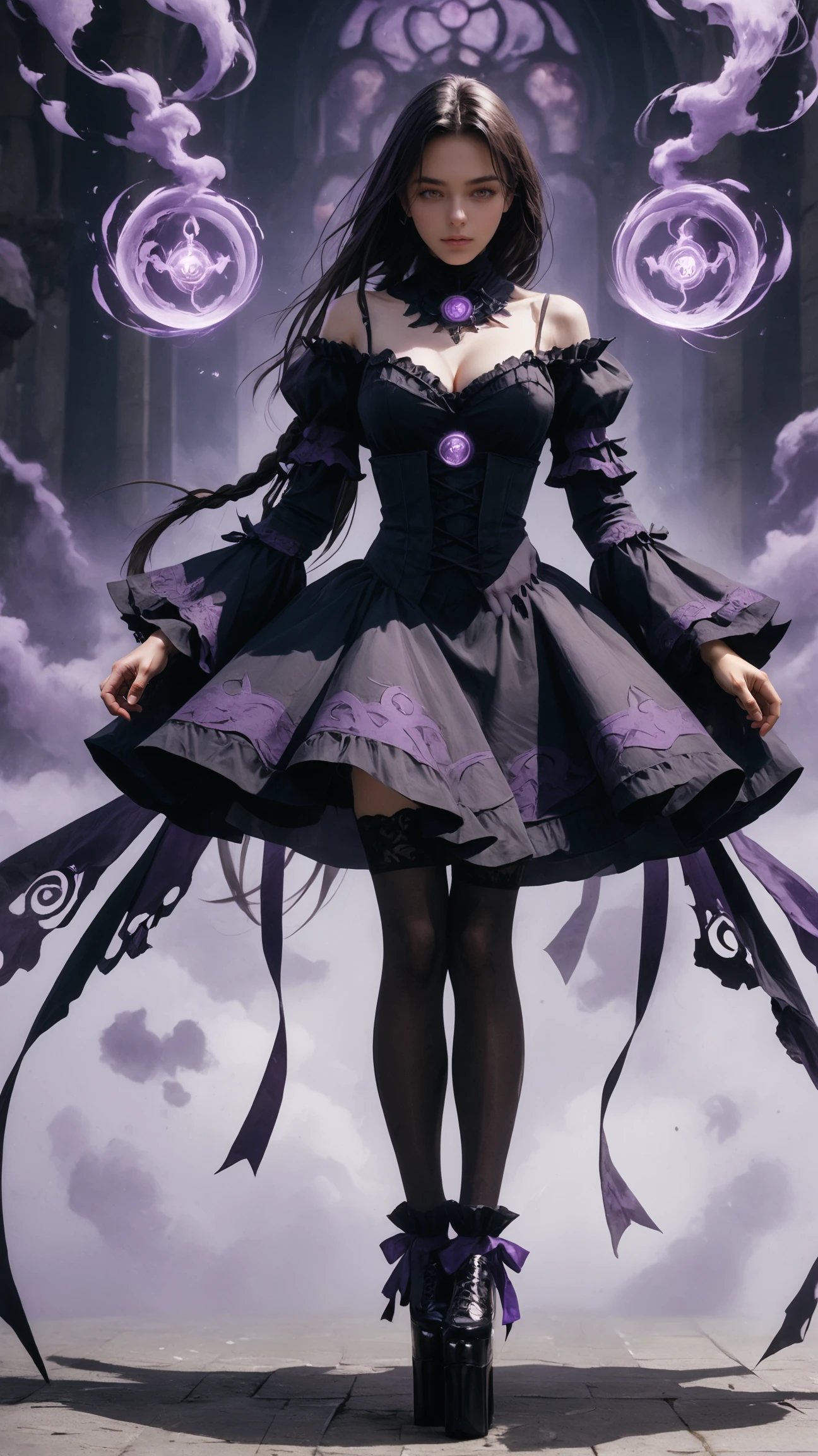 score_9, score_8_up, score_7_up, BREAK, 1 woman, wearing reij-lady, black dress, lsvr sleeves, stockings, black platform shoes,  <lora:reij-dresslady:1>, floating, frontview, mysterious, summon magic, closed eyes, purple mist, purple magic, floating glowing runes, front view, very dark, alchemist interior, shadows, close up