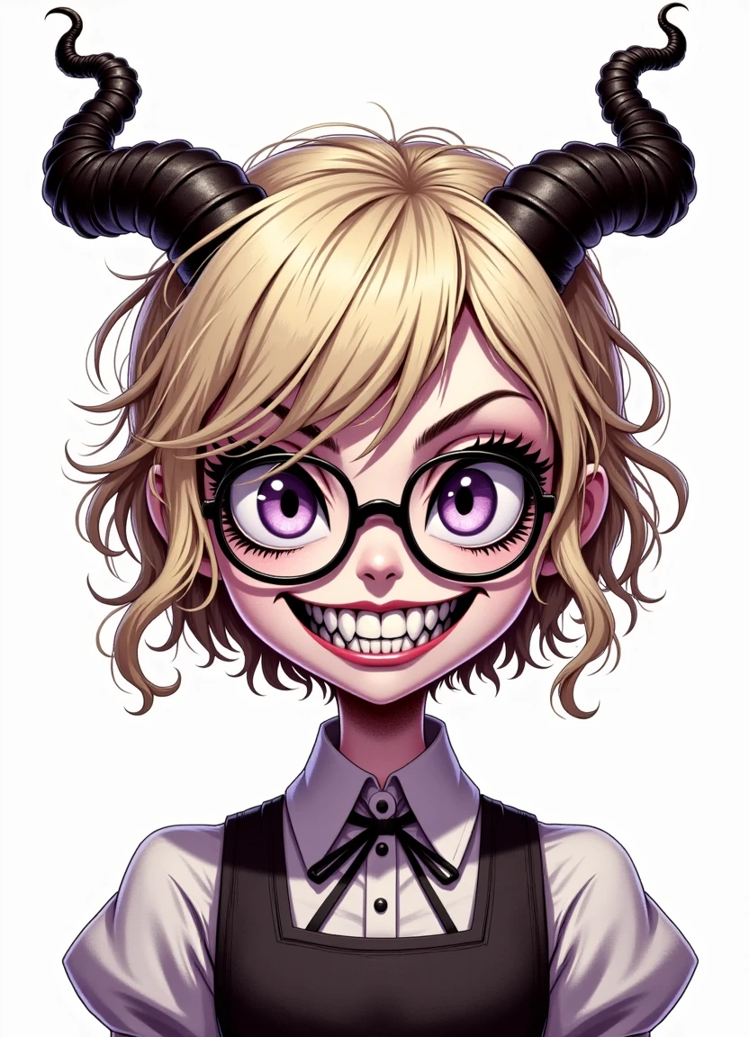 A young woman with short, wavy, light blonde hair wearing glasses and a mischievous grin with sharp teeth and grown from her face two twisted, dark horns protruding upwards from her forehead in a flat 2D digital drawing style as if reshaped into a supernatural hologram.