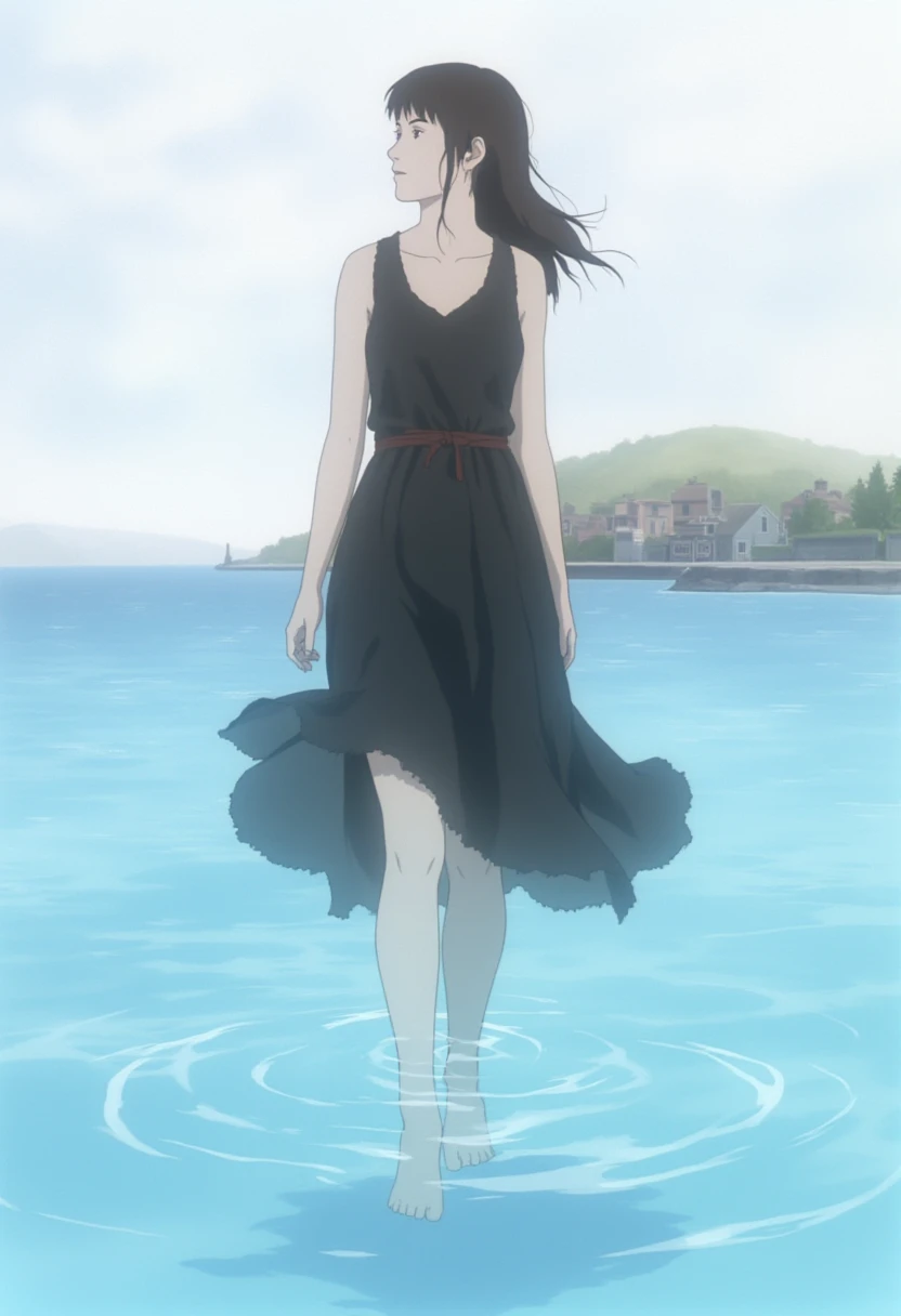 <lora:TheWolfBrigade:0.8> j1nr0h, anime,
a girl standing in water she is barefoot wearing a black dress,