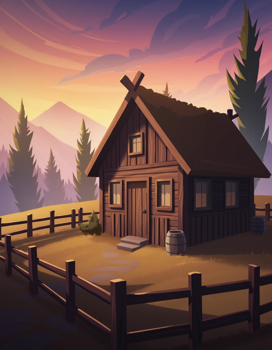 A cozy, rustic wooden cabin with a steep roof sits in a chill mountain scene, surrounded by tall, skinny trees. The sky's a wild mix of oranges and purples from the sunset. A wooden fence wraps around the cabin, and a few barrels are scattered around. The whole vibe is warm and inviting.  <lora:tw1l1g0dsstyl3v4:1> tw1l1g0dsstyl3