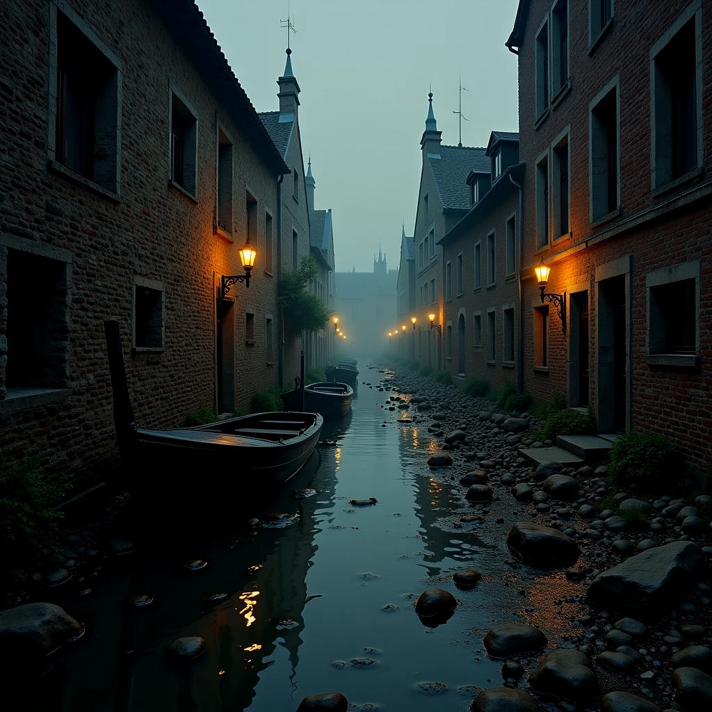 A putrid canal, boats half submerged in the vile water, rocks, debris, rubbish, atmospheric, moody, rustic. Dark. Lamps on the buildings.

rmbrnksyCE style