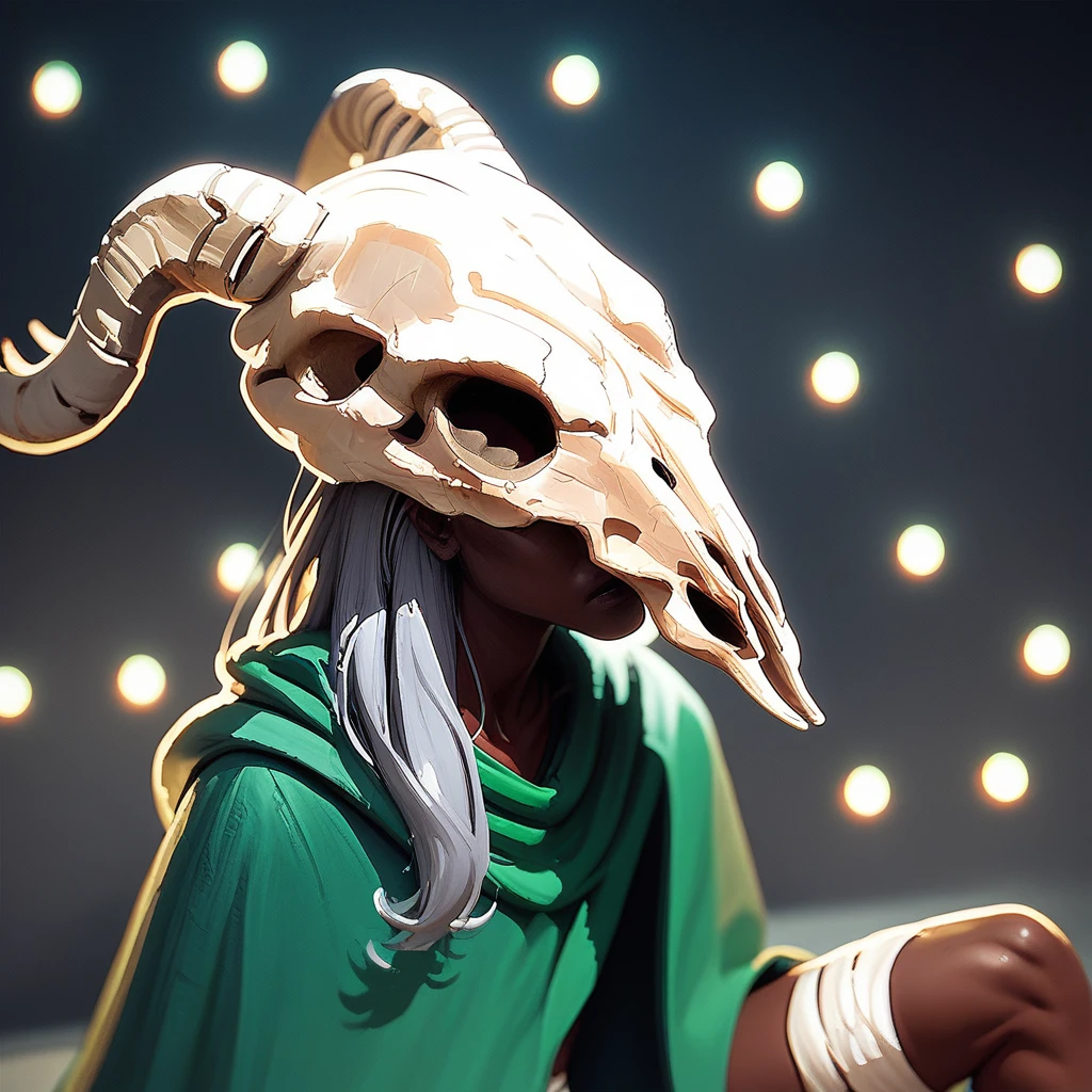 score_9, score_8_up, score_7_up, BREAK, 1girl portrait, dramatic lights thesilent, grey hair, dark skin (skull:1.3), green cloak, bandages, midriff, bandaged legs