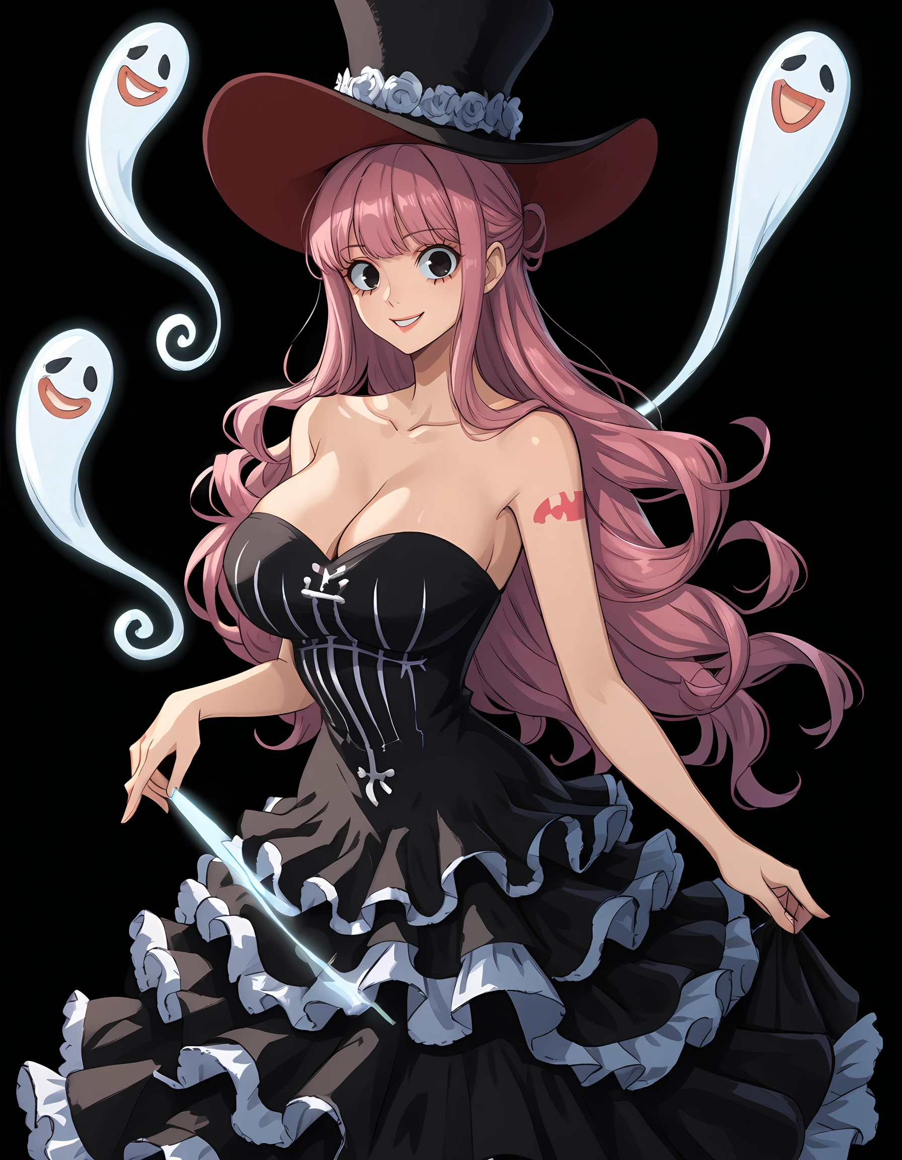 <lora:Perona:1>per0na
1girl, solo, t1mesk1p, large breasts, black frilled strapless dress, holding a ghost, smile, hat
simple black background