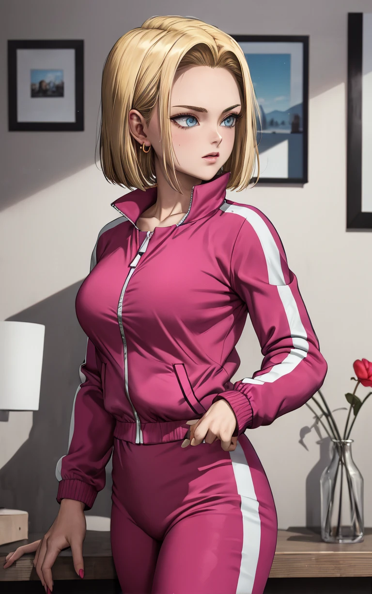 (masterpiece, best quality:1.4), insaneres, absurdres, solo, looking at viewer,BREAK 
TrackSuit_Android18_ownwaifu, android 18, 
1girl, blonde hair, blue eyes, eyelashes, forehead, short hair, earrings, jewelry, breasts, collarbone, 
pink jacket, pink pants, track suit, track jacket, track pants, long sleeves, pants, zipper,
(profile, portrait, picture frame), falling petals, red petals, wall,  <lora:ANIME_DragonBall_Android18_ownwaifu:0.85>, solo,