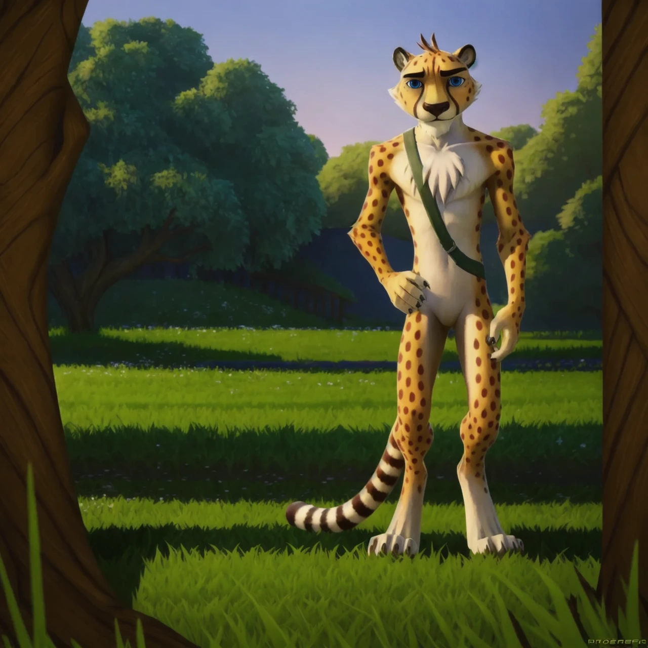 hunter, cheetah, male, yellow fur, blue eyes, eyebrows, spotted fur, long tail, white fur, chest tuft, anthro, solo, solo focus, full-length portrait, outside, grass, field, sky, trees, front view, standing, pose, claws, toe claws, rating:safe, nude <lora:Hunter_Lora:0.6>