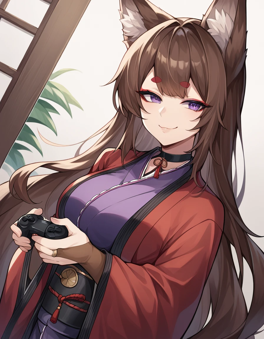 score_9, score_8_up, score_7_up, source_anime, <lora:azurlane-amagi-ponyxl-lora-nochekaiser:1>, amagi, animal ear fluff, animal ears, brown hair, fox ears, fox girl, fox tail, kitsune, purple eyes, very long hair, red eyebrows, short eyebrows, makeup, eyeshadow, large breasts,, animal print, bridal gauntlets, choker, coat, gloves, japanese clothes, kimono, obi, purple kimono, red coat, sash, wide sleeves,, living room, video game, controller, competitive, fun, afternoon, smile, , crossed arms, smile, smug, solo,, cowboy shot, dutch angle