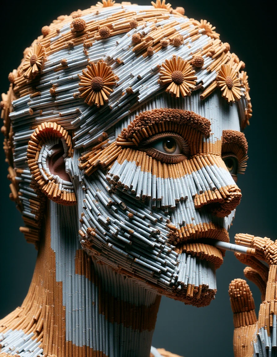 ral-cigarette, designed by Ton Dubbeldam, Dimitra Milan and Milton Glaser, close up of a Cyborg [Archean|wabi-sabi] (Male God:1.1) , his hair is Multicolor, at flowers, Sharp and in focus, Interpolation, Kodak Ektachrome E100, F/2.8, UHD, guy, <lora:ral-cigarette-flux:1.4>, dramatic, exquisite color, ambient light, artistic