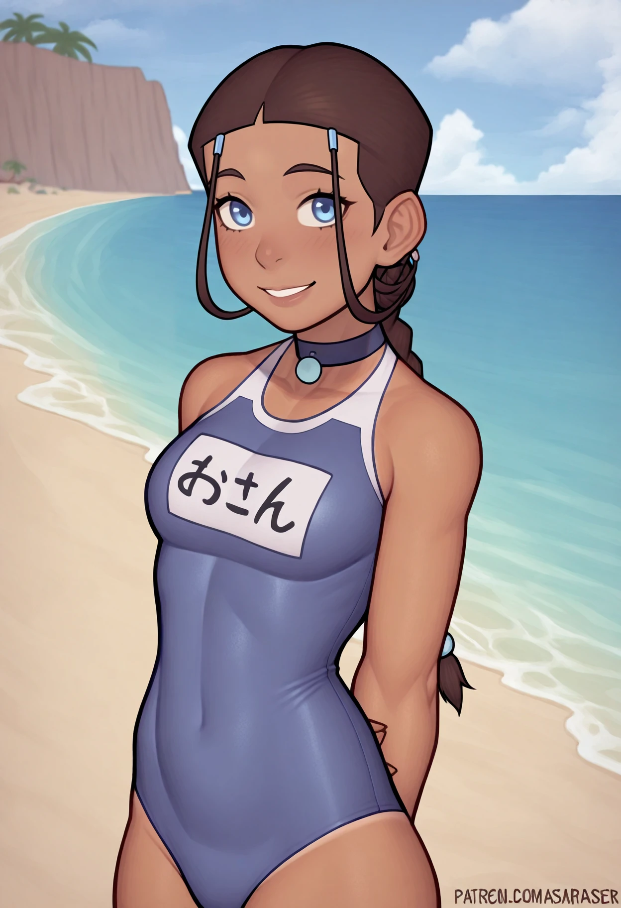 asura (asurauser),
masterpiece, best quality, very aesthetic, absurdres BREAK
1girl, katara, brown hair, long braid, blue eyes, dark skin,
arms behind back, onepiece school swimsuit, name tag, smile, solo, looking at viewer, sea, sand, blue sky, tropical island background  <lora:KataraIllustriousXL_byKonan:1>