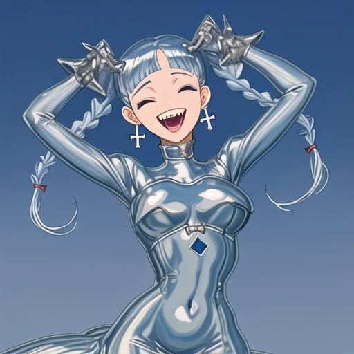 1girl,solo,thighhighs,gloves,arms up,elbow gloves,1990s \(style\),open mouth,simple background,jewelry,retro artstyle,twintails,earrings,leotard,white background,asymmetrical legwear,<lora:Katsura Masakazu_XL_V2:0.8>,