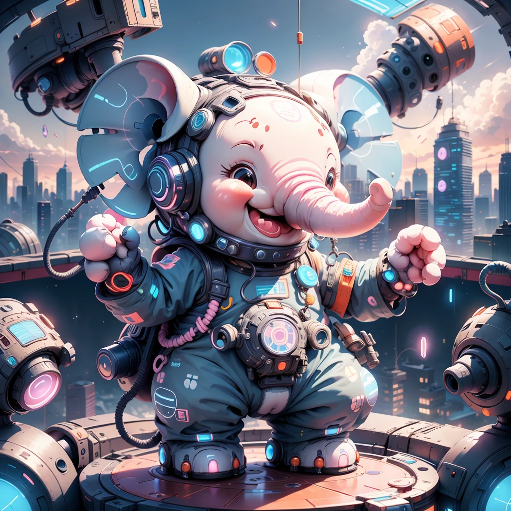 elephant,(city in the background:1.4),A cute elephant in a space suit,with futuristic elements,with a sci-fi feel,(at a high resolution),with detailed textures,(laughing:1.6),full body,space,space suit,<lora:last-000006:0.8>,<lora:20240428-1714269626200:0.4>,