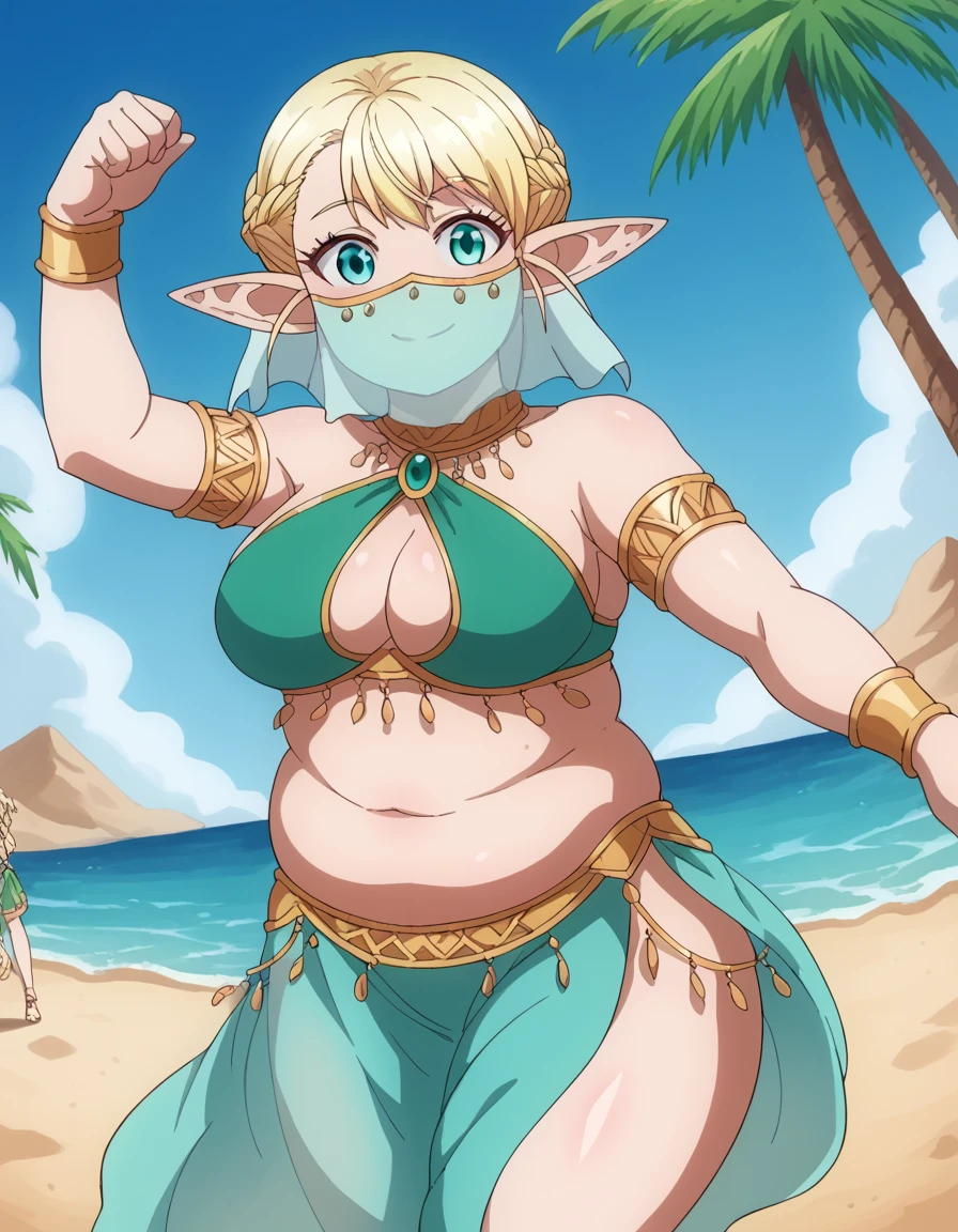 score_9, score_8_up, score_7_up, source_anime, <lora:erufuda-s1-ponyxl-lora-nochekaiser:1>, erufuda, aqua eyes, blonde hair, large breasts, plump, fat, braid, french braid, pointy ears, elf,, <lora:arabian-clothes-ponyxl-lora-nochekaiser:1>, arabian clothes, dancer, mouth veil, belly dancing, veil, armlet,, desert, oasis, palm tree, water, dancing, smile, blush,, , cowboy shot, dutch angle