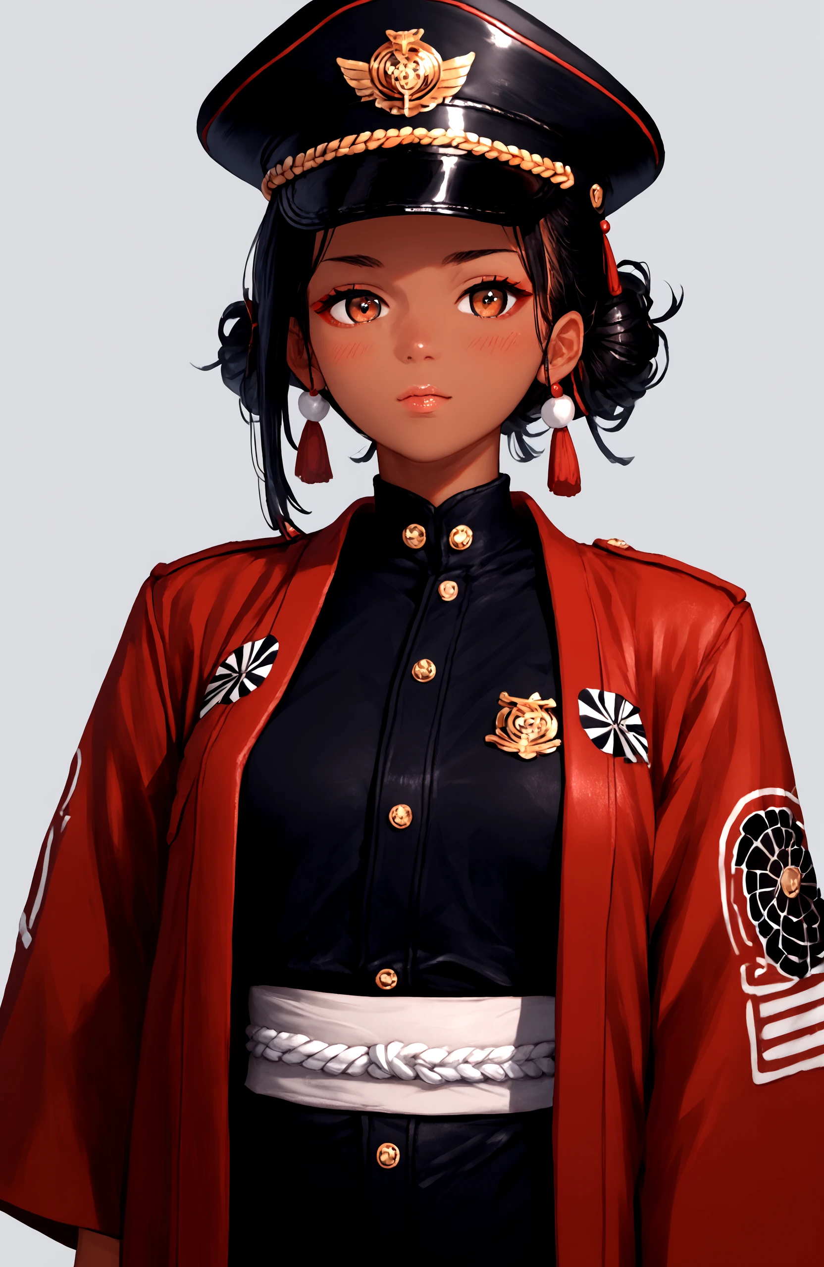 score_9, score_8_up, score_7_up, score_6_up, score_5_up, score_4_up, (high quality, detailed, beautiful) 1girl, dark_skin, happi, japanese_clothes <lora:Happi_epoch_4:0.99> military_uniform, peaked_cap,