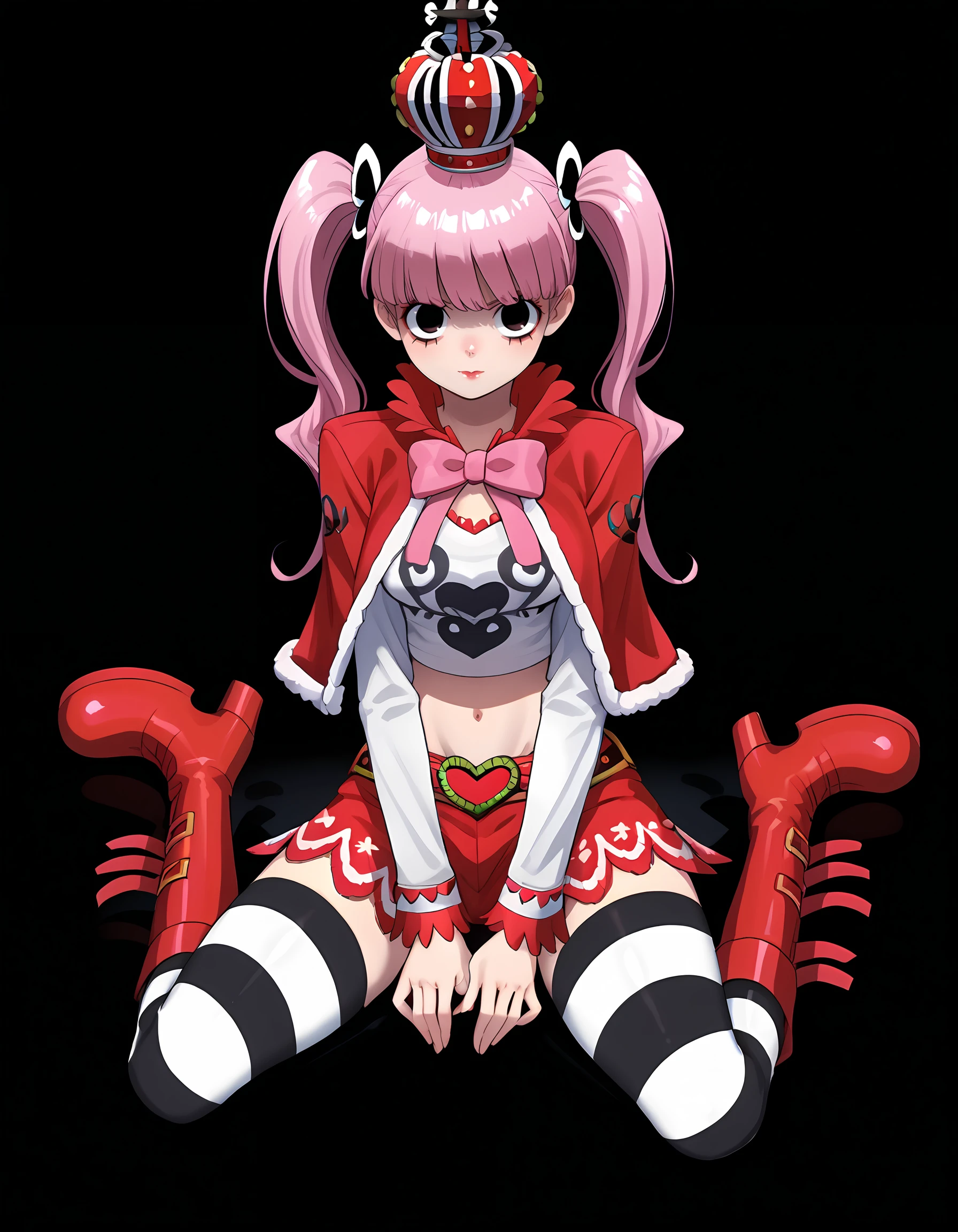 <lora:Perona:1>per0na
1girl, solo, pre-t1mesk1p, crop top, jacket, striped legwear, red boots, crown, twintails
front view, sitting down
simple black background