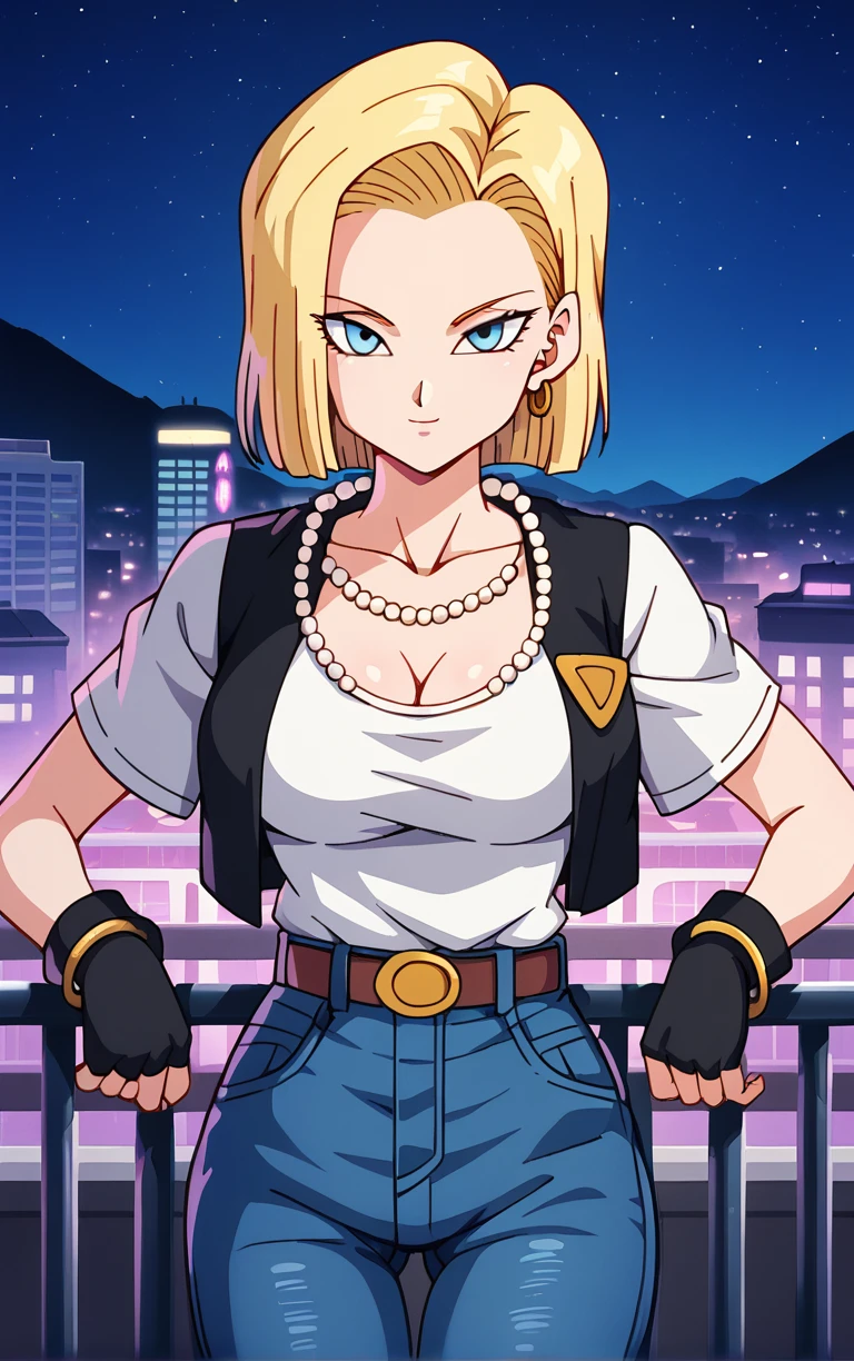 score_9, score_8_up, score_7_up, BREAK
BlackJacket_Android18_ownwaifu, android 18, 
1girl, blonde hair, blue eyes, eyelashes, forehead, short hair, jewelry, pearl necklace, earrings, bead necklace, collarbone, breasts, beads, necklace, chain, medium breasts, bangs, hoop earrings, straight hair,
black vest, blue pants, black belt, vest, short sleeves, white shirt, black gloves, denim, jeans, belt, pants, bracelet, high-waist pants, cleavage, fingerless gloves, 
(standing, arm_support), railing, cityscape, night, city, city lights, scenery, starry sky, vanishing point, outdoors, <lora:PONYXL_DragonBall_Android18_ownwaifu:0.8> , depth of field, solo,