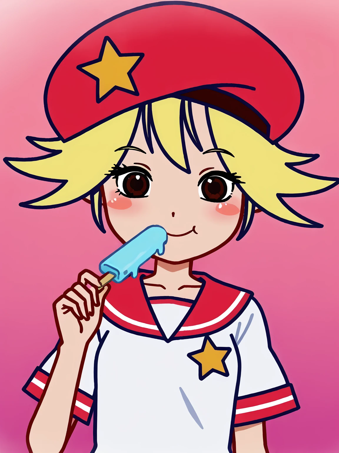 1girl, smile, source_cartoon, piuvictoria, <lora:Victoria (Pump It Up):0.85>, blush, blonde hair, brown eyes, red hat, star ornament, eating popsicle