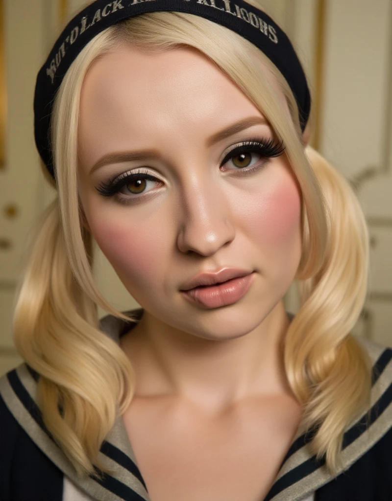 Closeup face portrait of Babydoll is a blond woman with twintails and school uniform. Ballroom. detailed eyes. Detailed skin <lora:Babydoll:0.9>