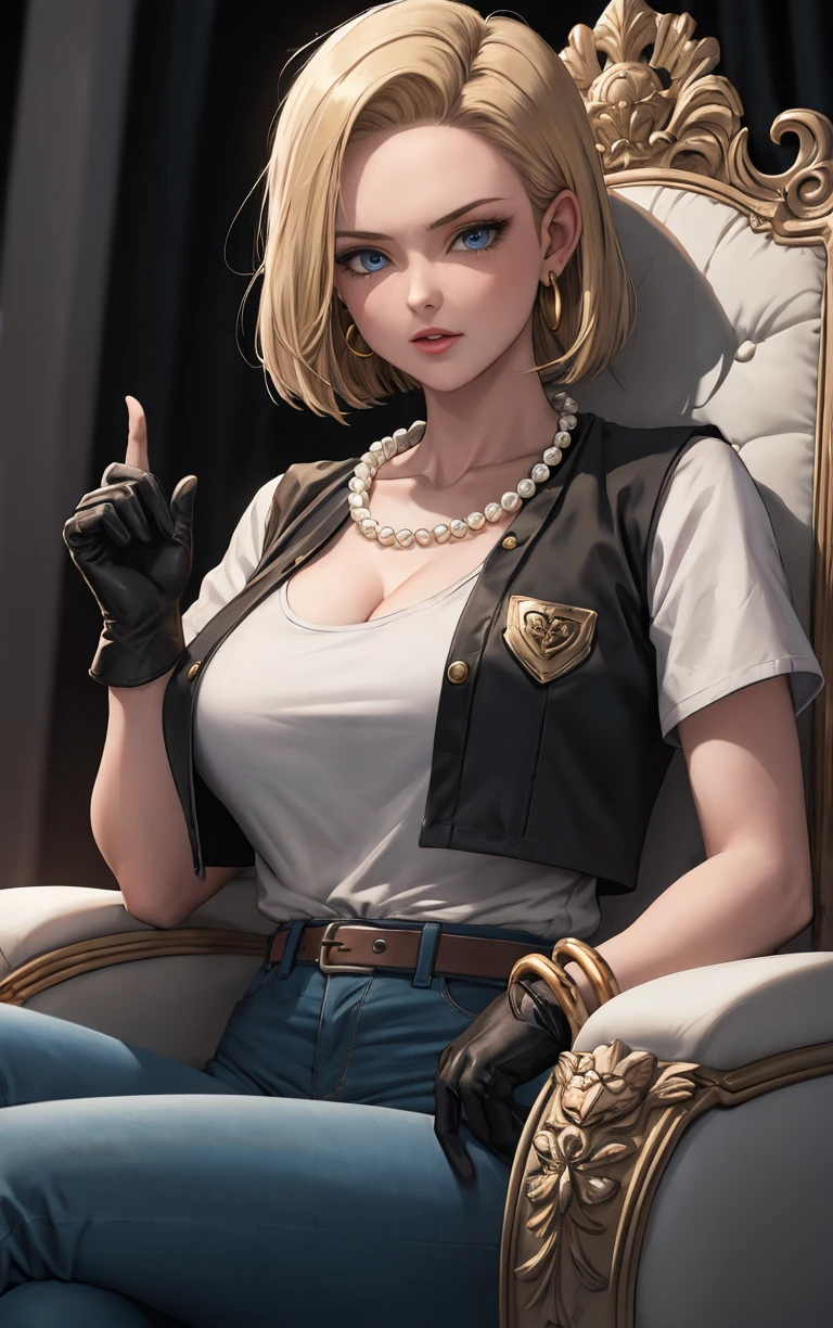 (masterpiece, best quality:1.4), insaneres, absurdres, solo, looking at viewer,BREAK 
BlackJacket_Android18_ownwaifu, android 18, 
1girl, blonde hair, blue eyes, eyelashes, forehead, short hair, jewelry, pearl necklace, earrings, bead necklace, collarbone, breasts, beads, necklace, chain, medium breasts, bangs, hoop earrings, straight hair,
black vest, blue pants, black belt, vest, short sleeves, white shirt, black gloves, denim, jeans, belt, pants, bracelet, high-waist pants, cleavage, fingerless gloves, 
(sitting on throne, sitting, throne), throne room, straight-on, curtains, light particles, bokeh, loaded interior, indoors, <lora:ANIME_DragonBall_Android18_ownwaifu:0.75>, solo,