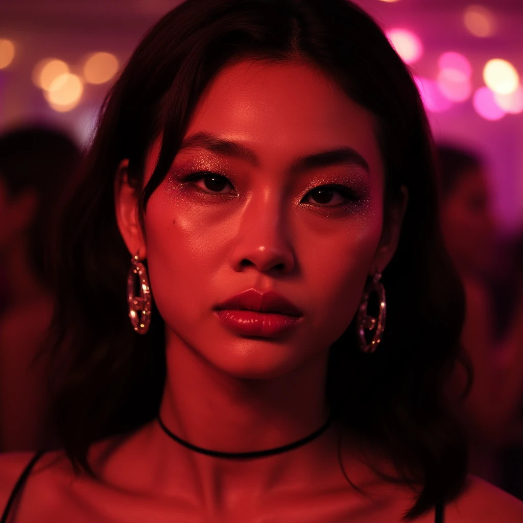 High res waist up portrait photo of a stunning woman with glittery eye-shadow and lip-gloss (no lipstick just glossy clear lip-gloss).She is looking at the viewer seductively . She is wearing a thin string-like black choker and hoop earrings. In the background is a nightclub scene out of focus., <lora:hoyeon_local_flux_1_standard-000033:1>