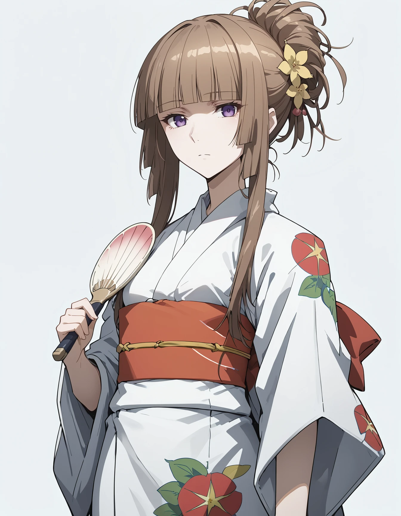 (score_9, score_8_up,score_7_up,source_anime,anime),solo focus,1girl, <lora:FuwaAika:1> FuwaAika,brown hair,long hair,blunt bangs,purple eyes,hime cut,small breasts,
,expressionless
BREAK
hair up,japanese clothes,kimono,yukata,hair ornament,hand fan
,cowboy shot,Standing,simple background
BREAK 
looking at viewer   <lora:NoctFlatStyleV4:0.6>