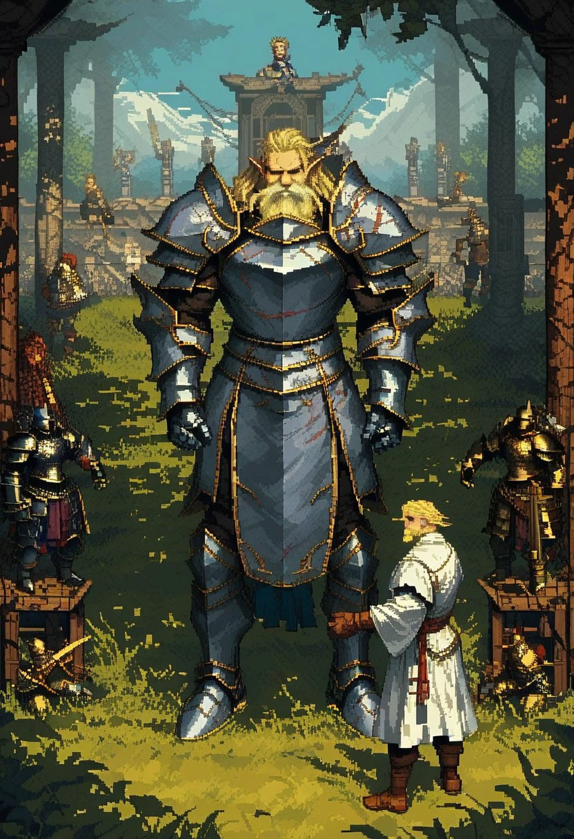 score_9, score_8_up, score_7_up, pixel art, H3style classic art, hyper-detailed, pixel art, 1boy, Elf, Monk, Fighter, Warrior, Brown Eyes, blonde hair, facial hair, long beard, white robe, white lether armor, lether armor, armor, 40 years old man, scars, muscular, athletic, wide shoulders, manly, gigachad