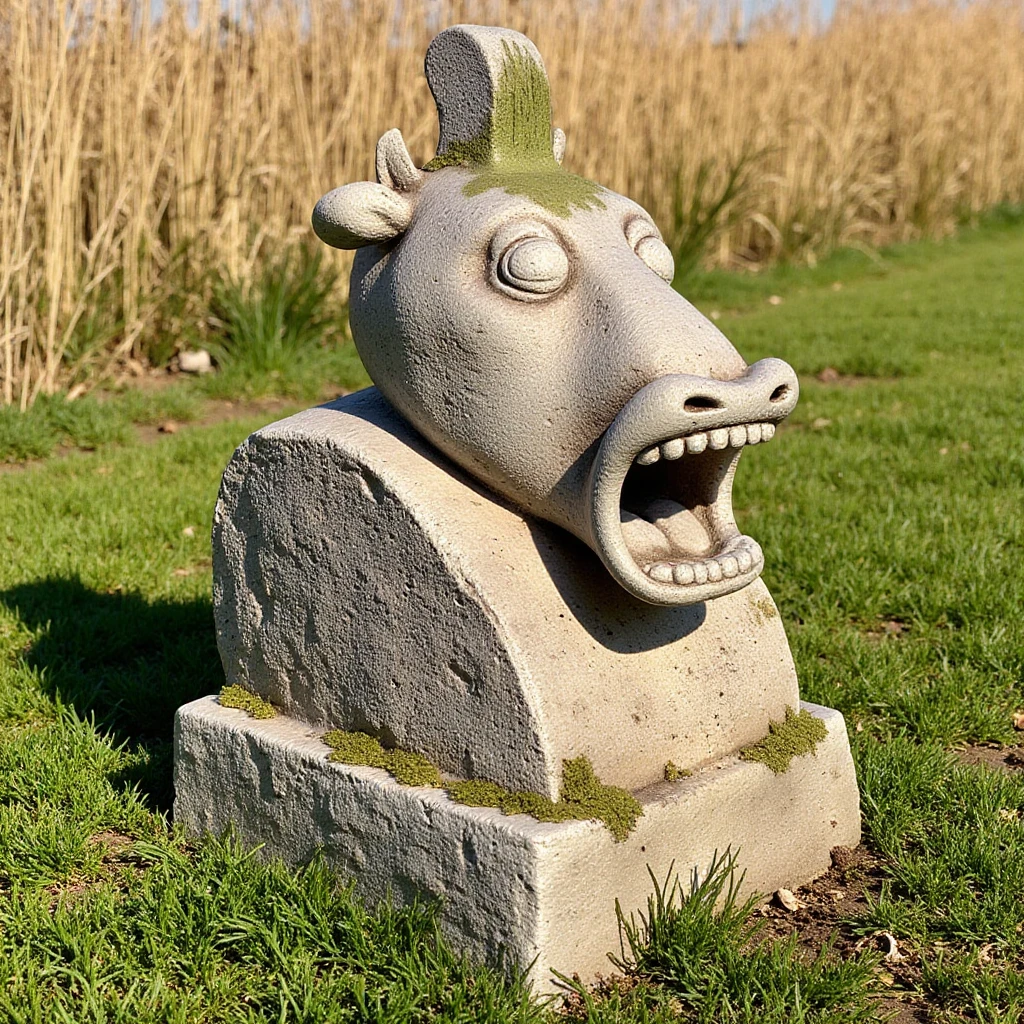 The image is a photograph of an ancient stone sculpture, likely a fragment of a larger statue. The sculpture is a heffersmodellife shaped. positioned outdoors in a grassy field, with the base of the statue resting on a patch of green grass and small wild plants. The stone is weathered, showing signs of age and exposure to the elements, with patches of moss and lichen covering parts of its surface. The sculpture depicts the head of a heffersmodellife, with a prominent snout, eyes, and mouth that are intricately carved. a patch of green gass as hair, the mouth is open as if in a scream or a shout. The texture of the stone is rough and uneven, with visible cracks and chipping. The background consists of tall, dry grasses that sway gently in the wind, indicating a possibly rural or open field setting. The lighting is natural daylight, casting soft shadows and highlighting the details of the sculpture. The overall color palette of the image is dominated by earthy tones of brown, gray, and green, reflecting the natural environment. The sculpture's placement in the field gives it a sense of abandonment and history, evoking a sense of mystery and the passage of time. <lora:heffersmodellife_epoch_18:1>