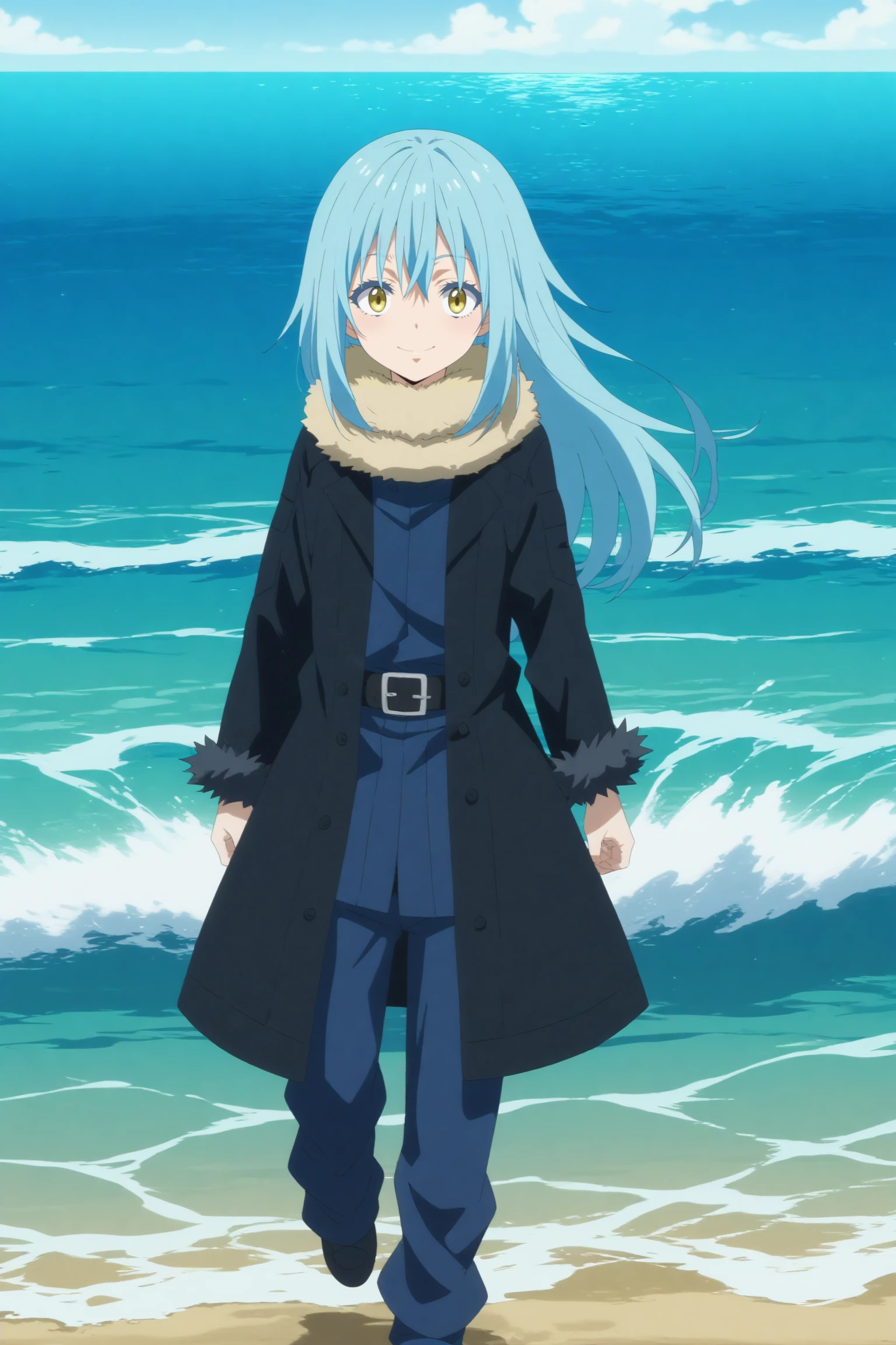 1girl,solo,rimuru,long hair,smile,bangs,hair between eyes,closed mouth,looking at viewer,fur collar,fur trim,black belt, black coat, coat, belt buckle,sea,pose <lora:Rimuru_-_Tensei_Shitara_Slime_Datta_Ken.safetensors:0.8> 