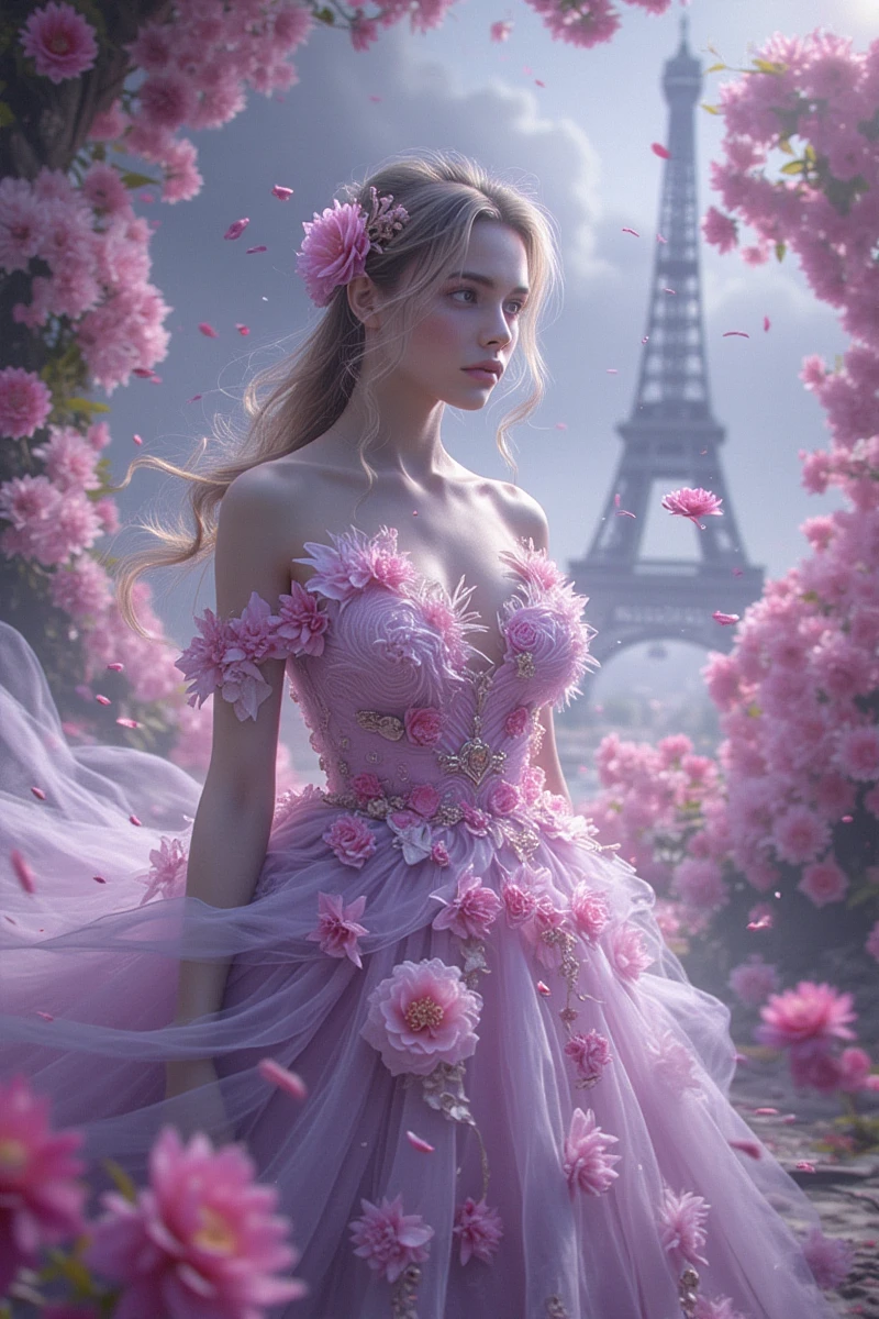 anhei,This is a very detailed digital artwork in a dark fantasy style,A mystical scene, photo in Paris, the supermodel is dressed in a long dress of iridescent flowers, translucent petals, soft pink and lilac shades. The dress is also decorated with intricate decoration, haute couture