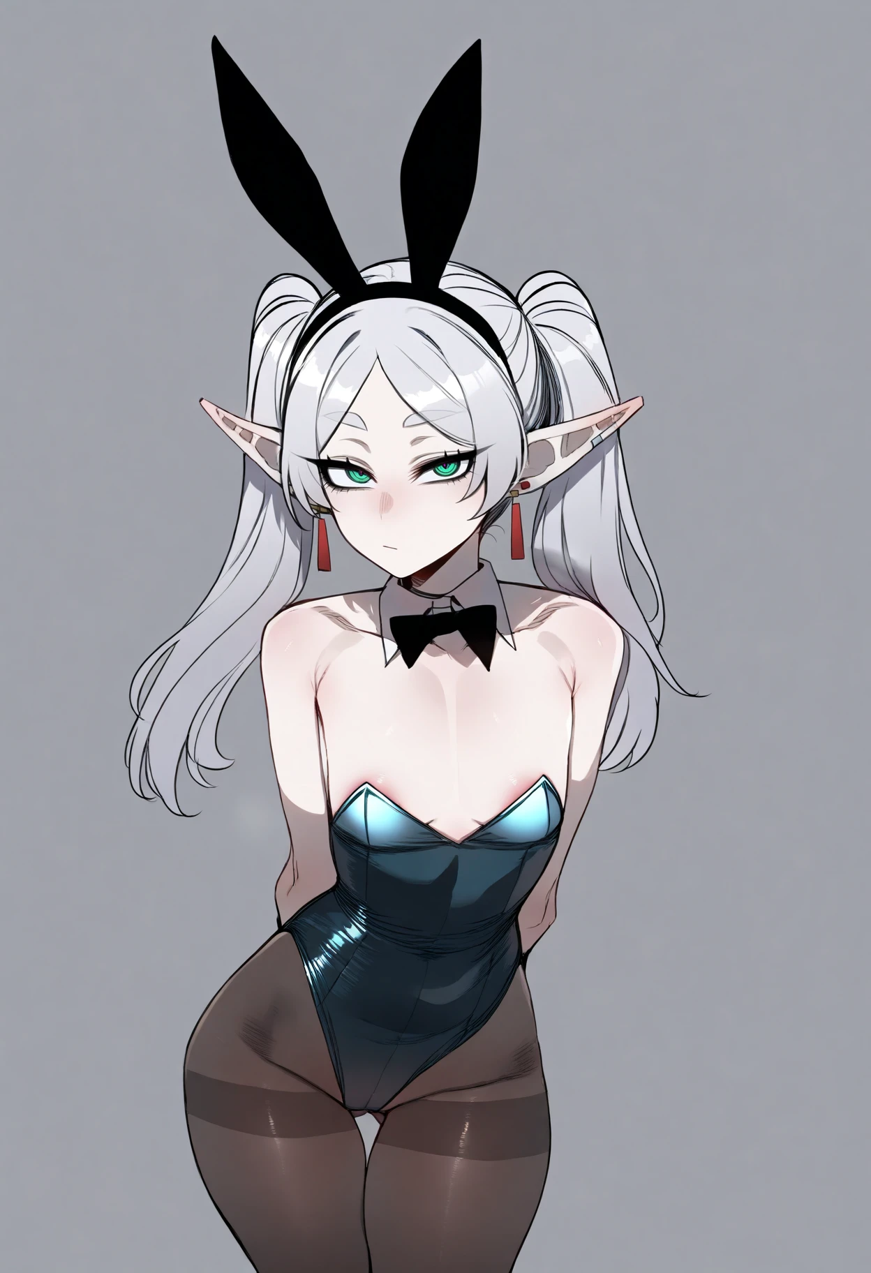 ratatatat74,
best quality, amazing quality, very aesthetic, absurdres,
1girl, frieren wearing a playboy bunny outfit, green eyes, grey hair, twintails, pointy ears, eyebrows, earrings, strapless leotard, pantyhose, arms behind back, expressionless, standing, looking at viewer, solo, simple background, white background     <lora:Ratatatat74IllustriousLocon_byKonan:1>