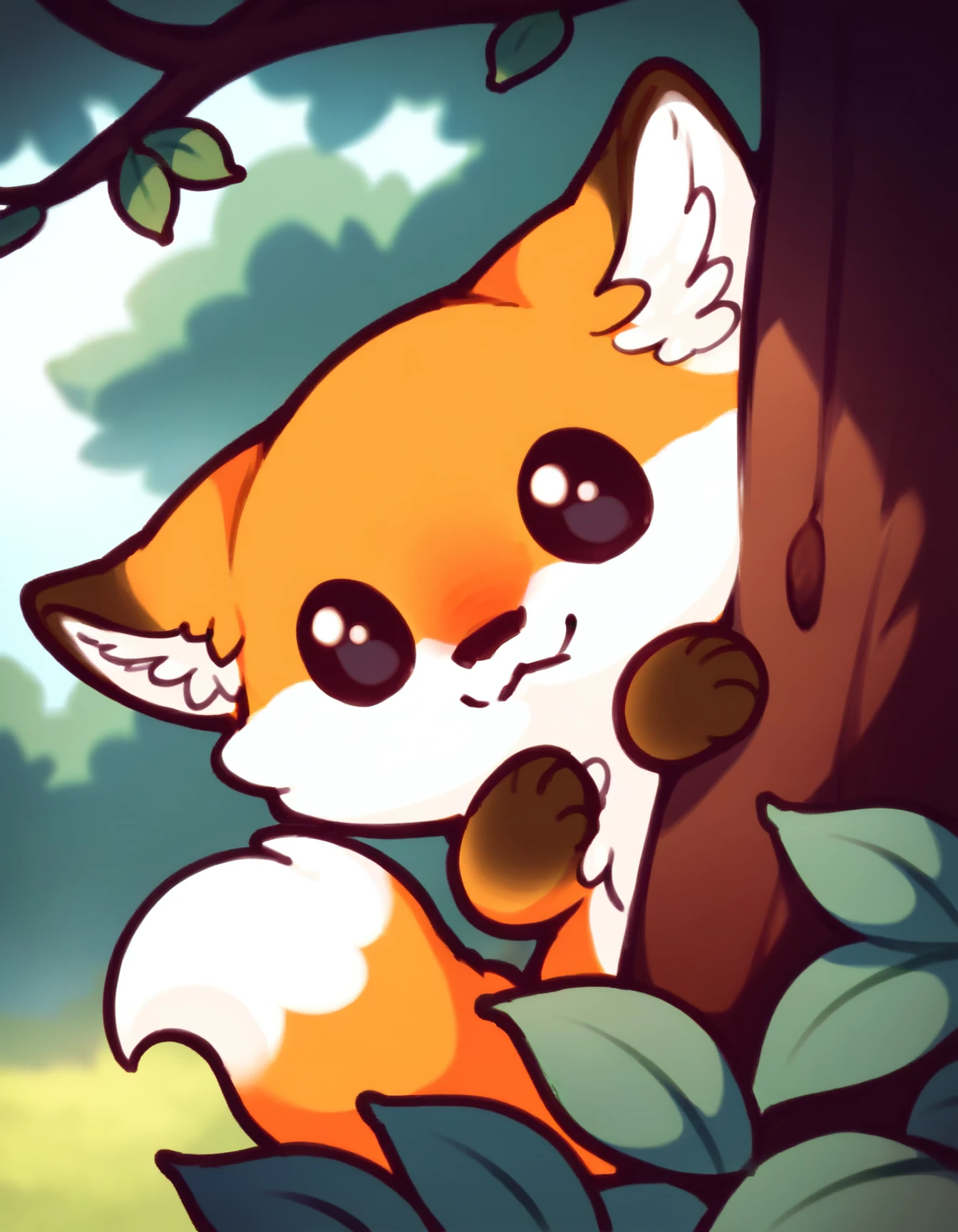 score_9, score_8_up, score_7_up, score_6_up, score_5_up, score_4_up, solo, chibi
red_fox, orange fur, two tone fur, black eyes, fox tail, peeking out, upper body, looking at viewer, hiding behind etc, looking at viewer, forest
 <lora:PeekingOut_pdxl_Incrs_v1:1> 
 <lora:red_fox_XL:0.9>