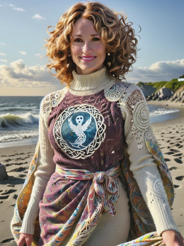 a professional absurdres sharp focus intricately detailed full torso photograph of the beautiful (Ellen_Sandweiss:1.1),
with a snarky smile and a swirly-colored hairstyle,
dressed in a potato sack evening gown with knitted sleeves and turtleneck,
standing on a beach watching the sunset with gulls flying about,
 <lora:Ellen_Sandweiss-SDXLe15:0.85> 
 <lora:DonMG3157P4nz3rXL:1> DonMG3157P4nz3rXL,
 <lora:add_details_xl:1>