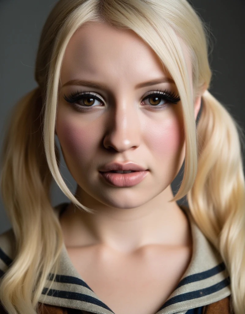 Closeup face portrait of Babydoll is a blond woman with twintails and school uniform. Ballroom. detailed eyes. Detailed skin <lora:Babydoll:0.9>