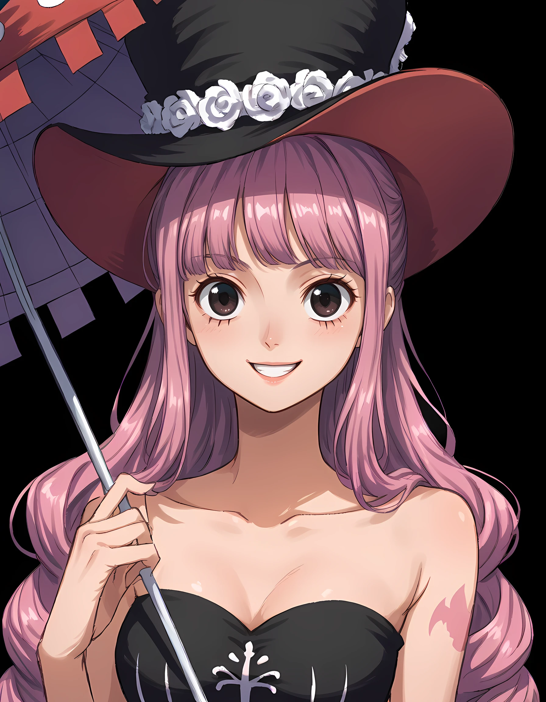 <lora:Perona:1>per0na
1girl, solo, t1mesk1p, black frilled strapless dress, hat
umbrella, smile, close up, closed mouth
simple black background