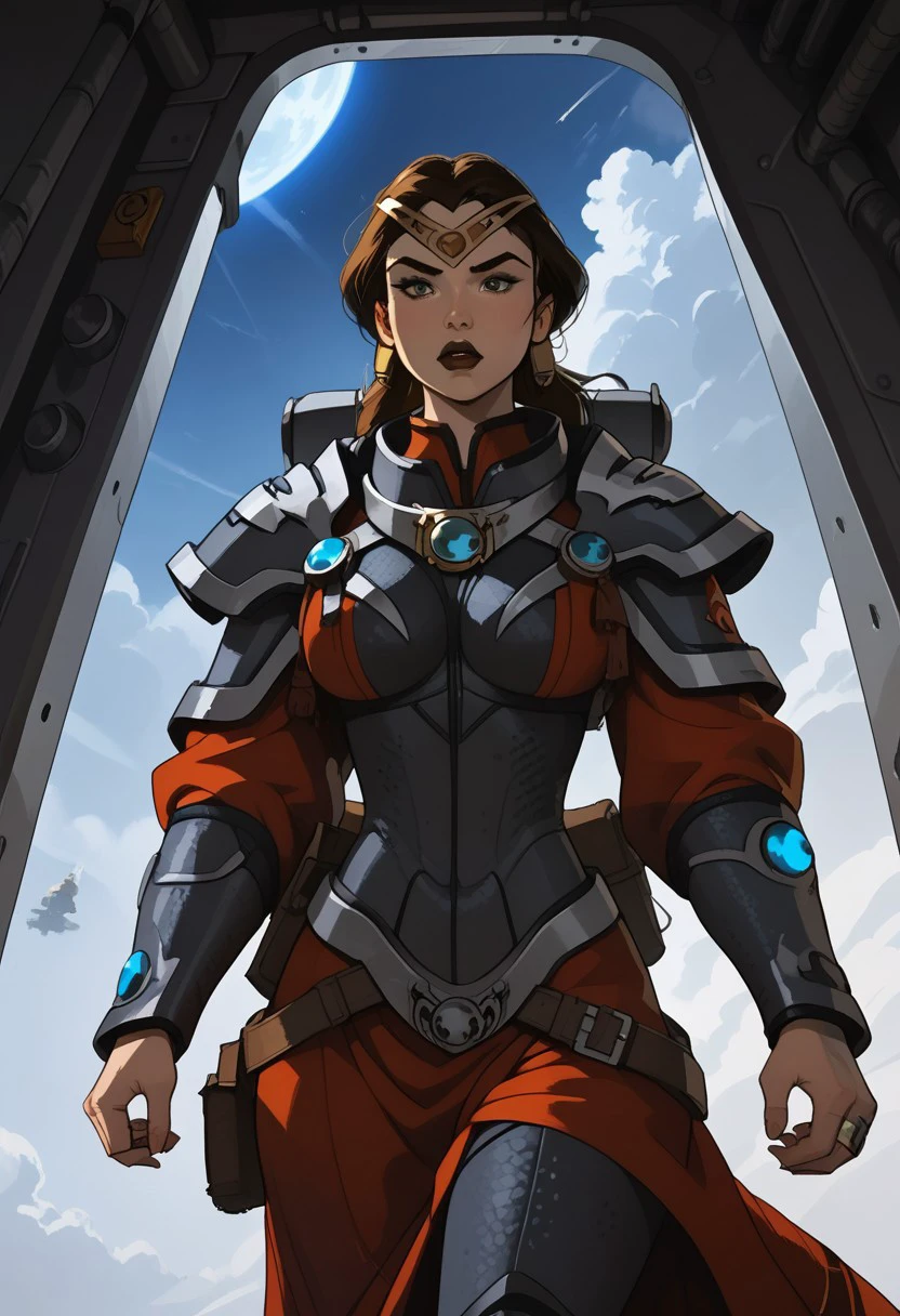 Marlena_BA, battle armor, unique angle, unique perspective, dramatic angle, a girl, long hair, ponytail, brown hair, glowing green pupils eyes, black lips, big breasts, wide hips, rings, mascara, dynamic action pose,  indoor, in space ship, in hangar. all dark, scenery, cinematic lighting, volumetric lighting
BREAK 
score_9, score_8_up, score_7_up, rating_explicit