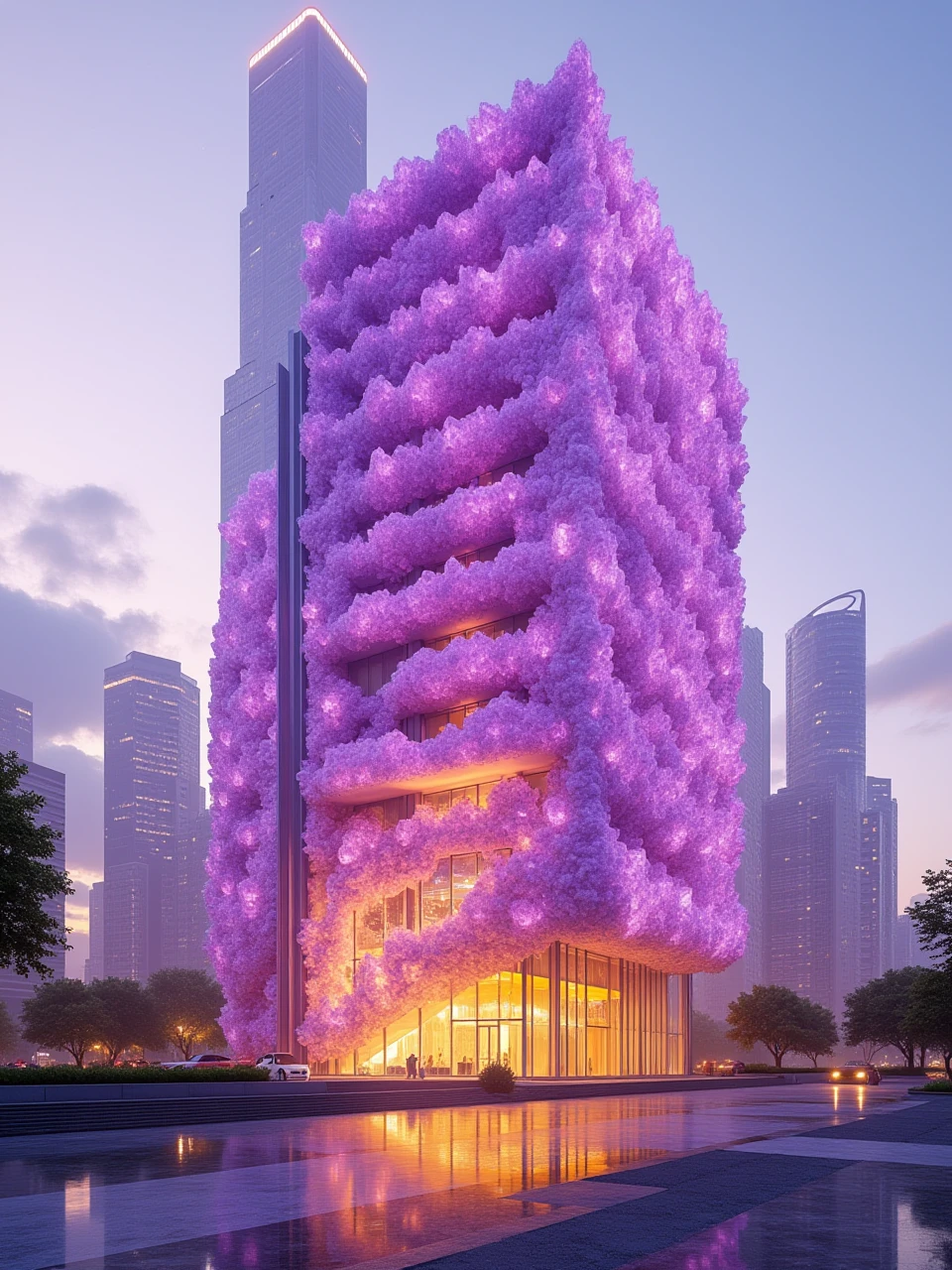 a crystallization office building in city,in Gradient colour of purple and yellow,