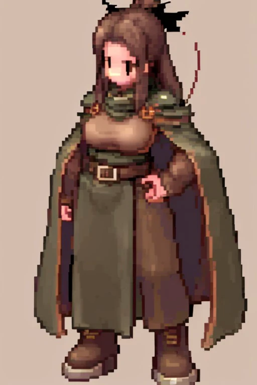 1girl, anime, figure, solo, full body, Light brown, shoulder-length hair, green cloak, brown leather armor, fitted tunic, camo trousers, quiver and bow on belts, light boots, archery gloves, big breasts, exuberant anatomy, simple background, charturnerv2,ROSSv2