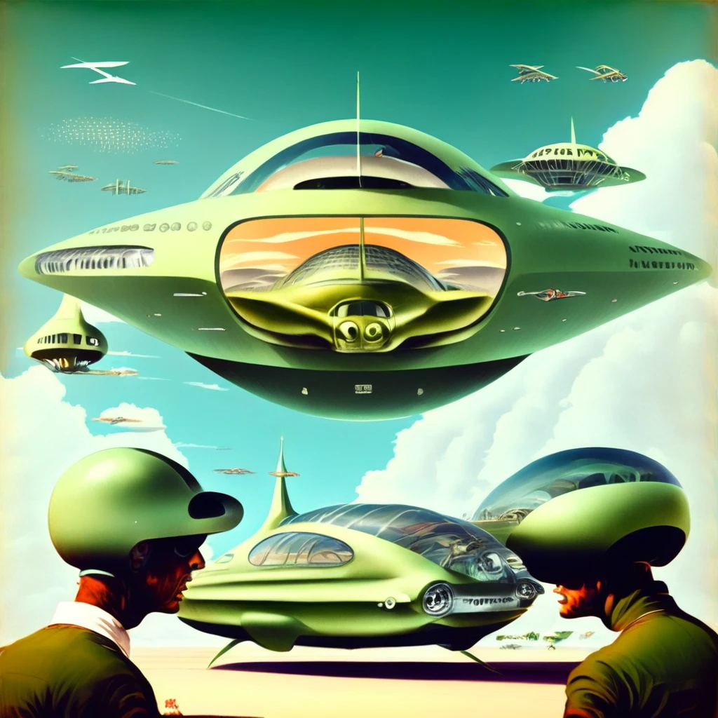 Retro_Futurism style, 1boy, 2boys, aircraft, airplane, airship, cloud, day, helmet, male focus, multiple boys, sky, spacecraft