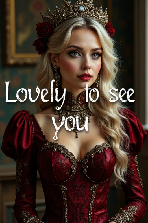 text stylized like elegant beauty over a photo of gothic royalty that reads: "Lovely to see you"