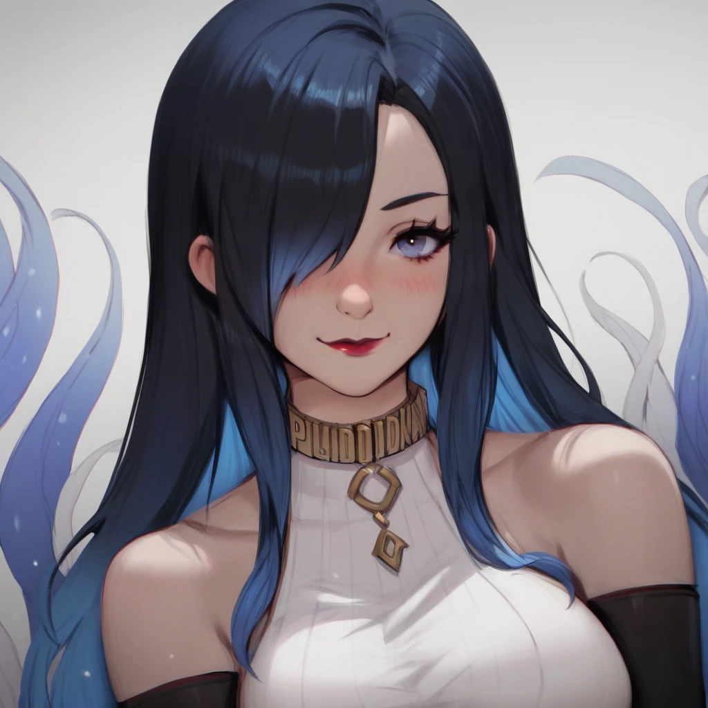 score_9, score_8_up, score_7_up,  z3r0n1s0ld, ZeronisOldArtStyle, Zeronis Old Art Style,rating_safe,  1girl, solo, long hair, breasts, looking at viewer, blush, smile, bangs, blue eyes, large breasts, black hair, closed dress, gloves, dress, bare shoulders, closed mouth, blue hair, upper body, multicolored hair, elbow gloves, hair over one eye, collar, lips, gradient hair, red lips,