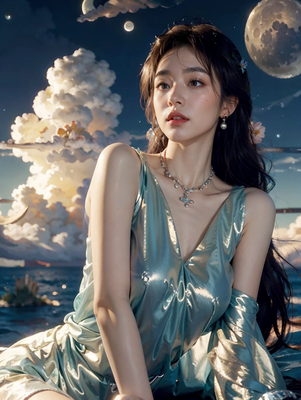 1girl,curly hair,necklace,earrings,lips,(haute couture fashion fable:1.3),(Milky skin, shiny skin:1.2),A beautiful woman with delicate facial features,(medium breasts:1.3),very long hair,(bare shoulders:0.8),(the huge moon:1.3),bright,(clouds:1.8),sky,realistic style with fantasy elements,cowboy shot,floating highlights,(light on face:1.5),Bubbly,day,splash of color,floating in the sky,cloud,Tyndall effect,volumetric lighting,sharp focus,masterpiece,best quality,<lora:last-000001:0.6>,(bubble_skirt:1.1),(white dress:1.3),(ocean:1.5),(panorama:1.9),(flower:1.2),art by Alessio Albi,(low saturated pink and blue color sch:1.2),<lora:å¢å å²è¯ç»é¢æ°å´åæå¾ç»è_v1.0:0.6>,